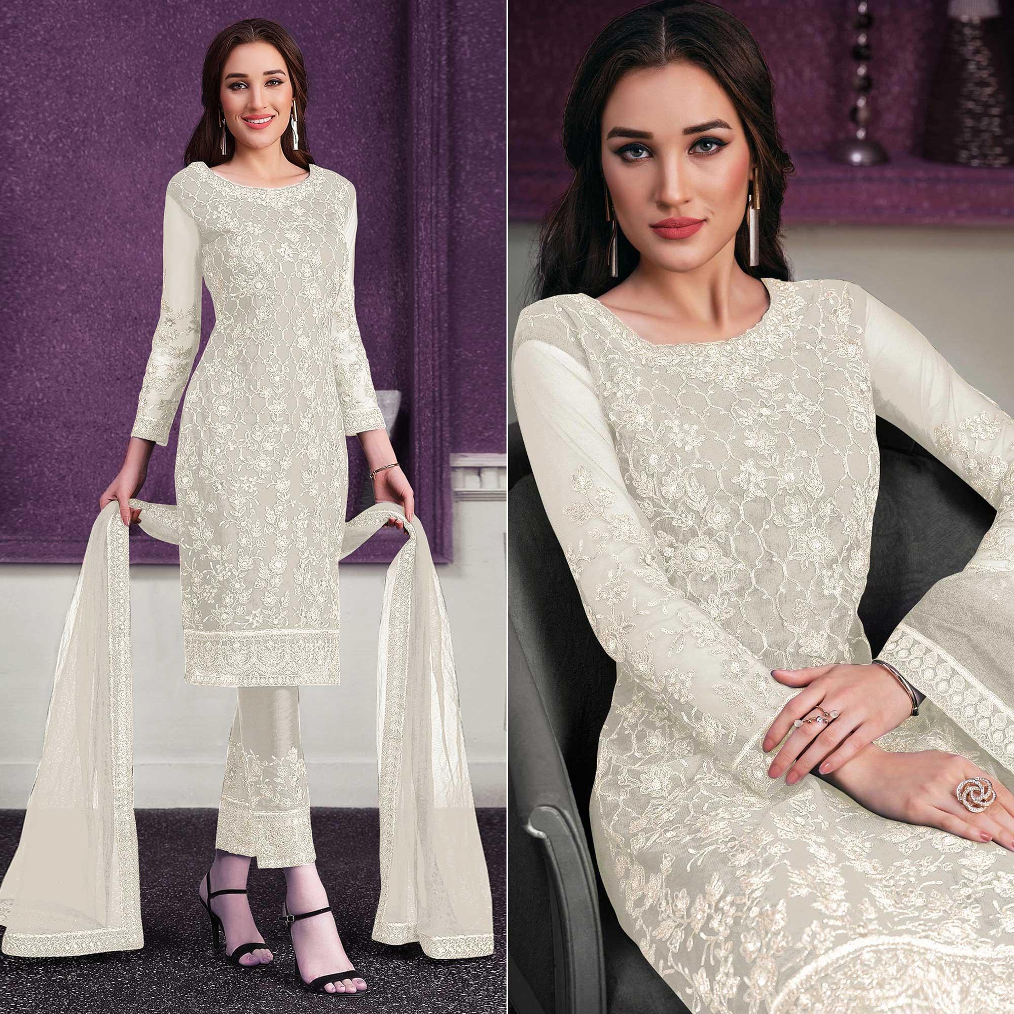 Cream Embroidered Netted Suit - Peachmode