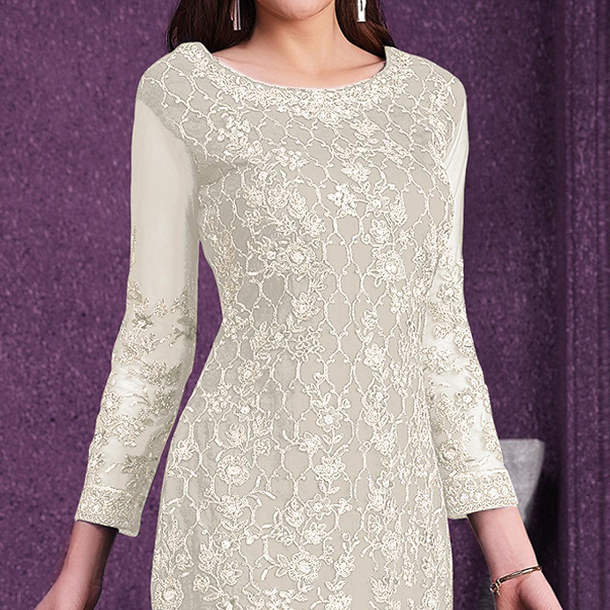 Cream Embroidered Netted Suit - Peachmode