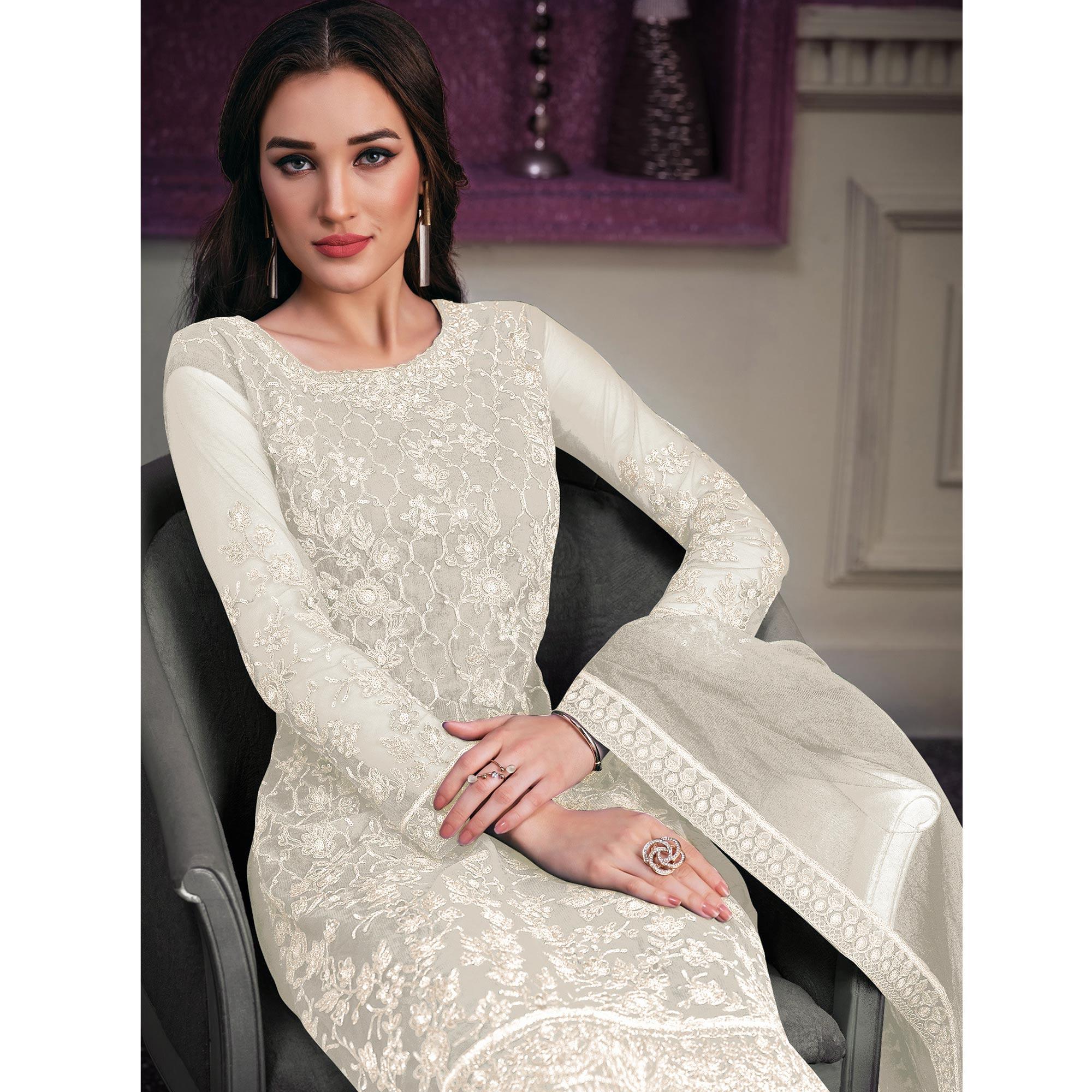 Cream Embroidered Netted Suit - Peachmode