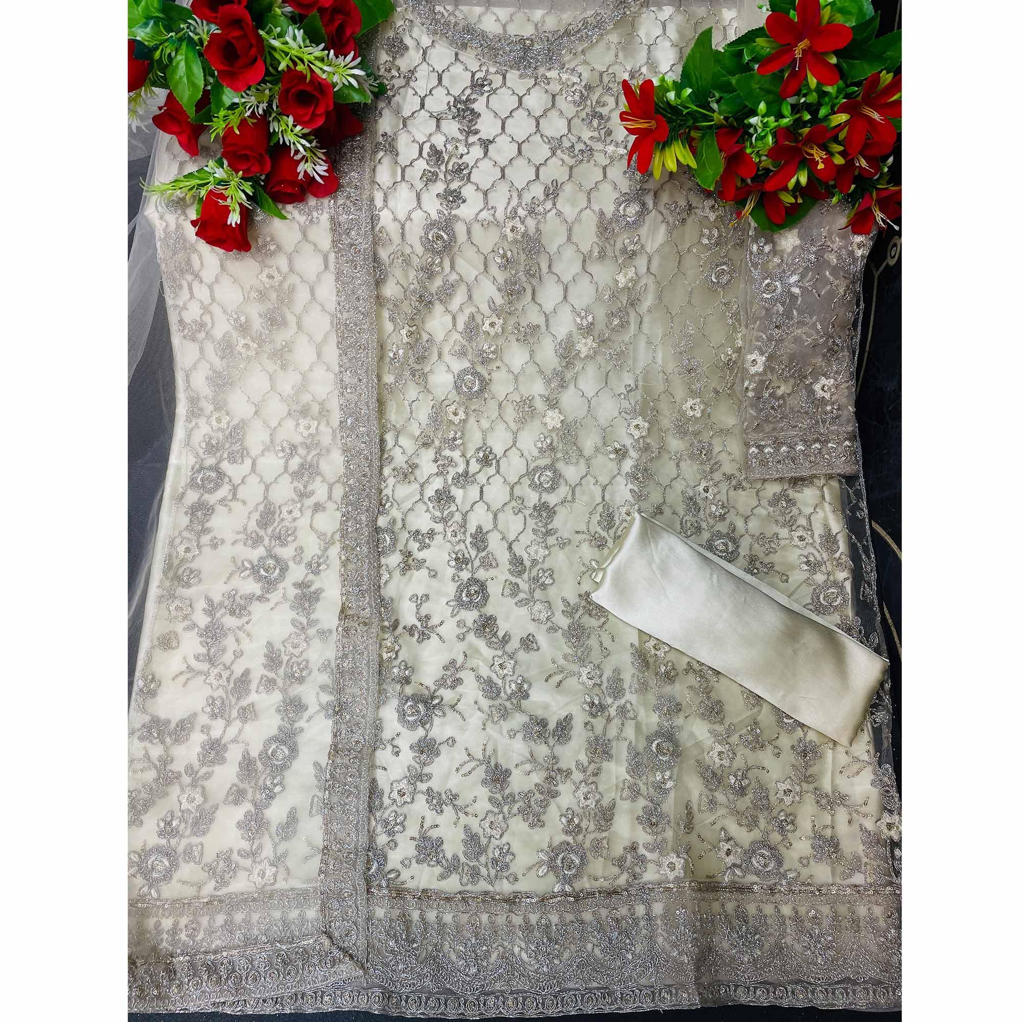 Cream Embroidered Netted Suit - Peachmode