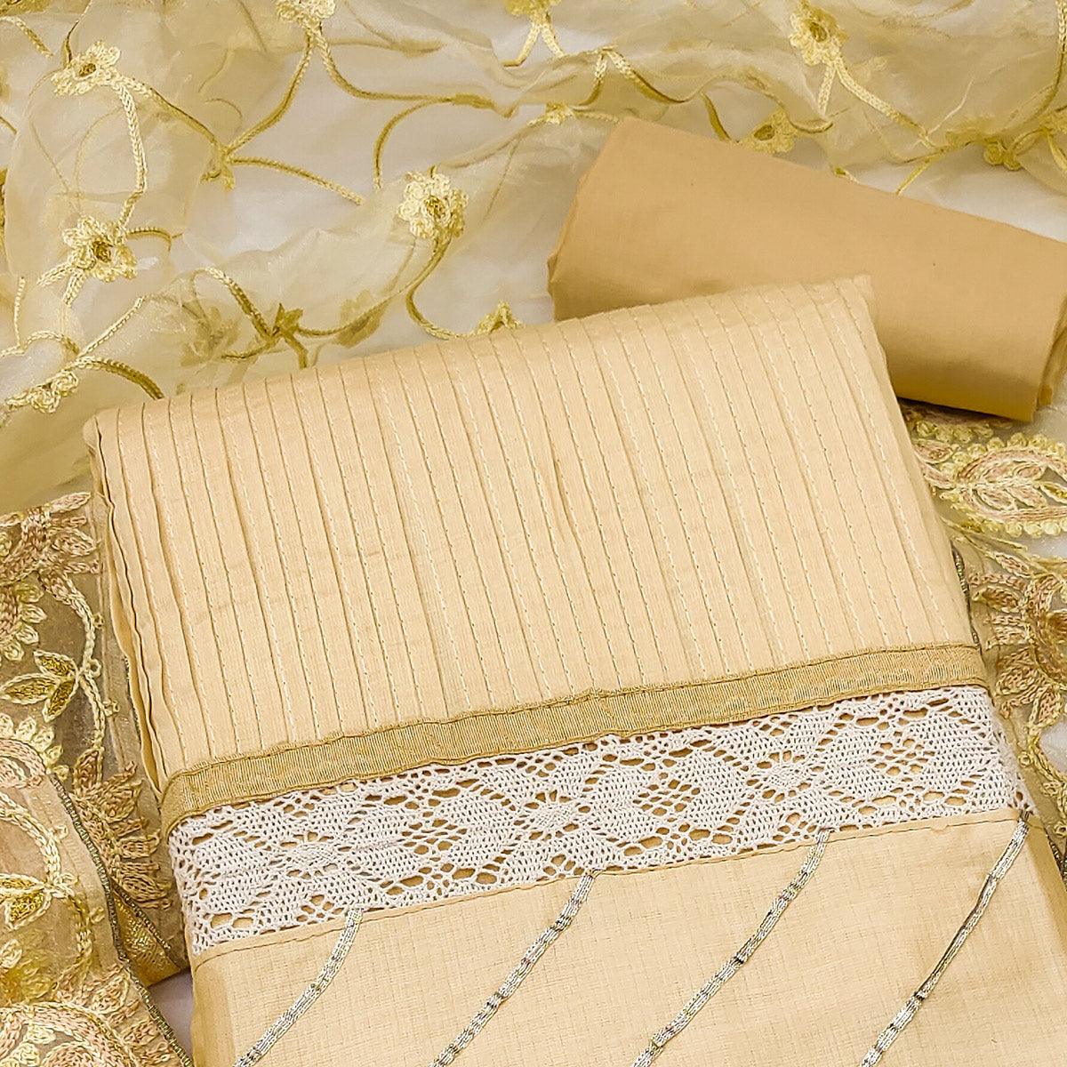 Cream Embroidered Pure Cotton Dress Material - Peachmode