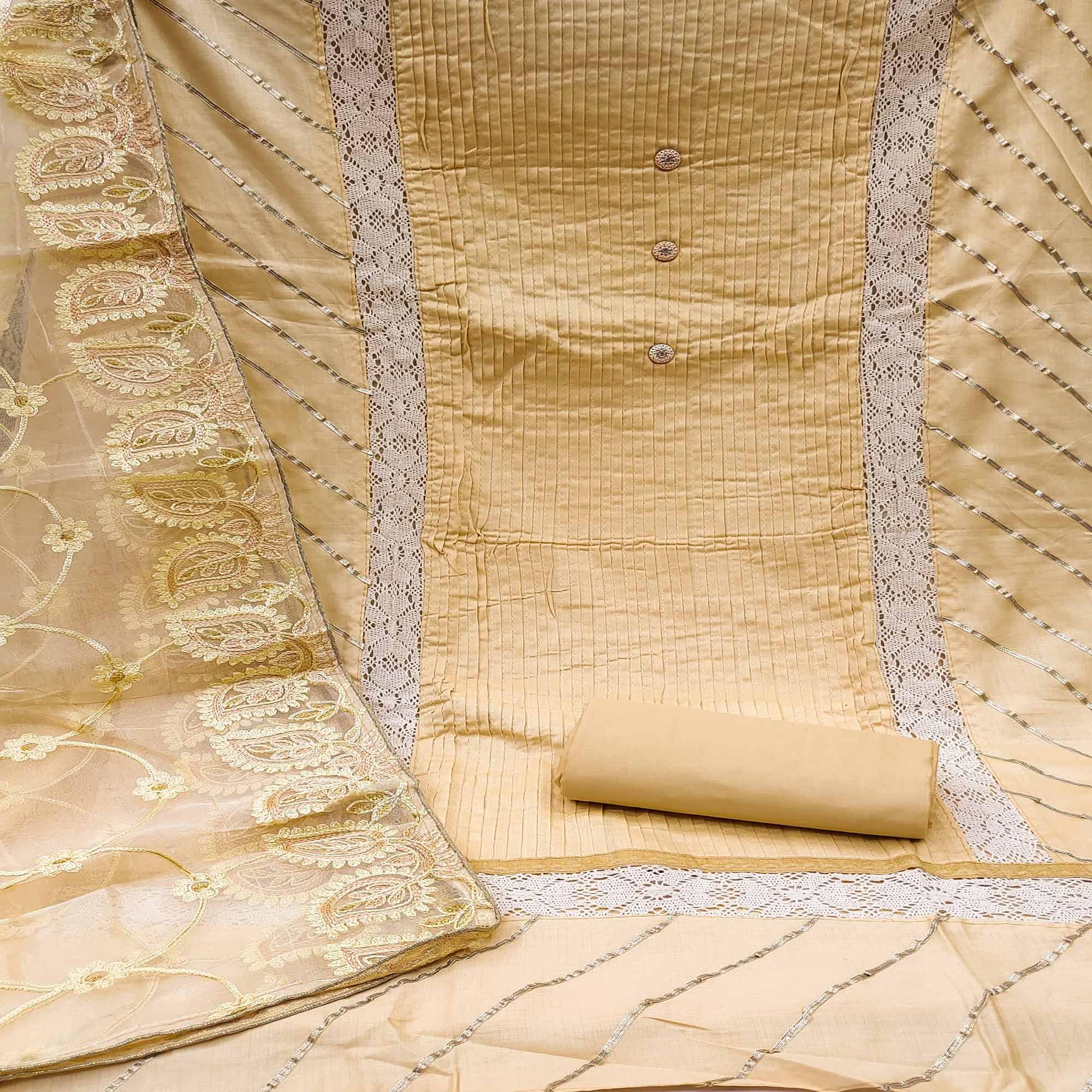 Cream Embroidered Pure Cotton Dress Material - Peachmode