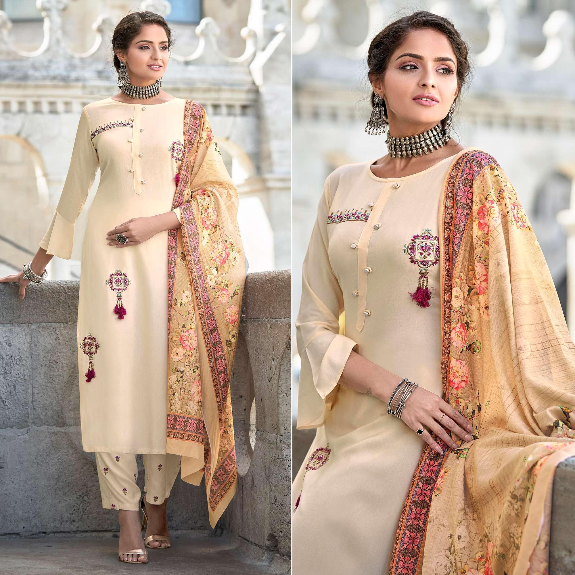 Cream Embroidered Rayon Kurti Pant Set With Dupatta - Peachmode