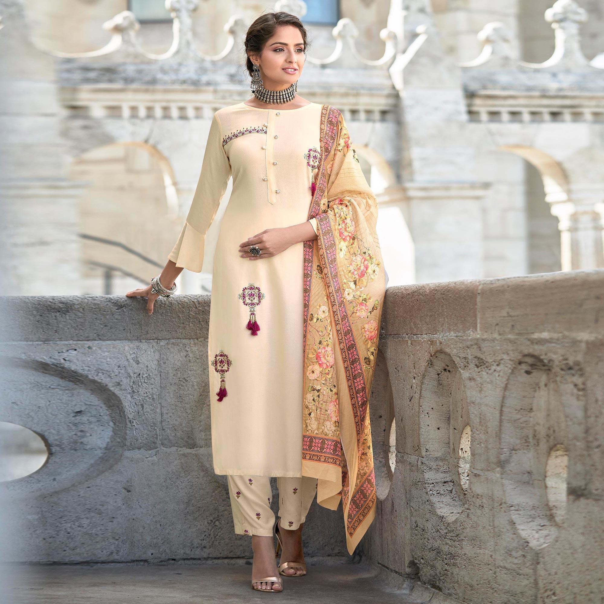 Cream Embroidered Rayon Kurti Pant Set With Dupatta - Peachmode