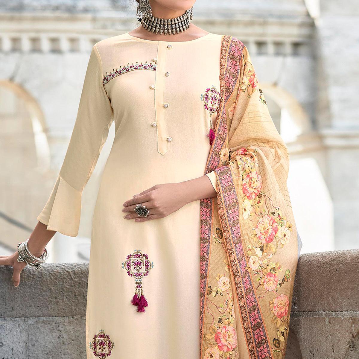 Cream Embroidered Rayon Kurti Pant Set With Dupatta - Peachmode