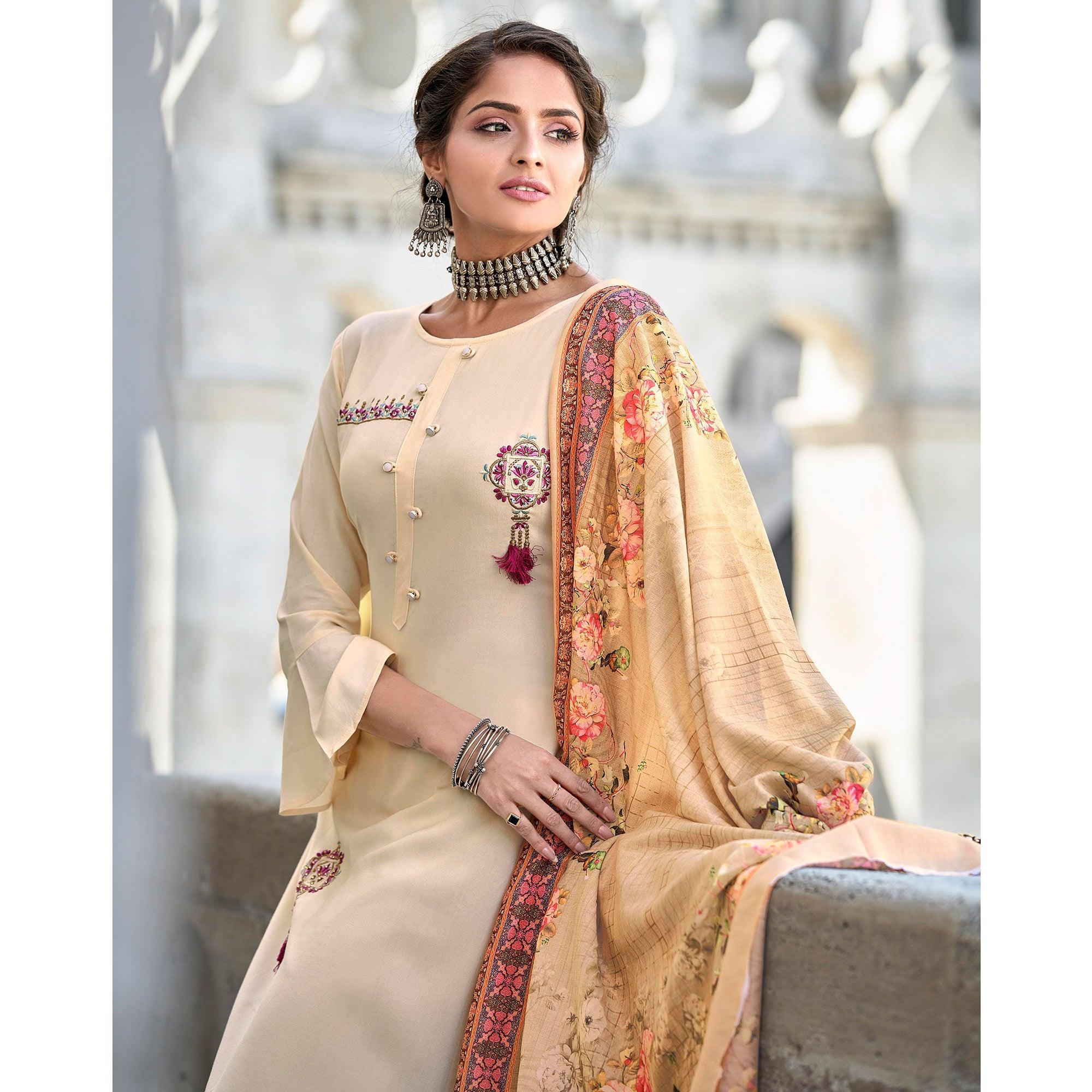 Cream Embroidered Rayon Kurti Pant Set With Dupatta - Peachmode