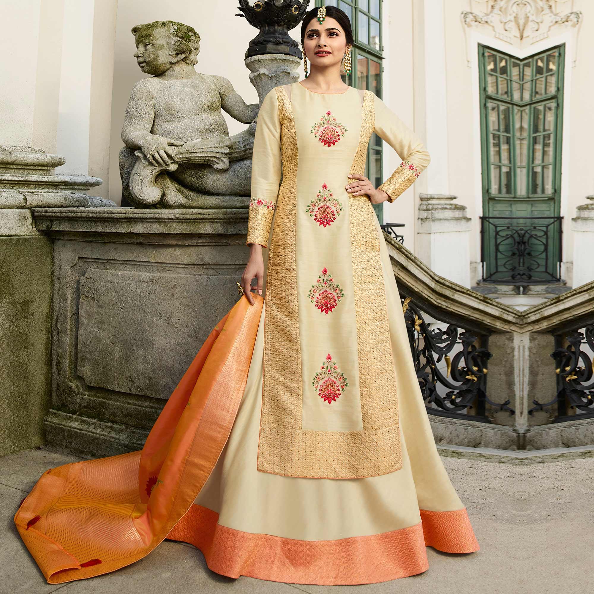 Cream Embroidered With Embellished Art Silk Lehenga Kameez With Dupatta - Peachmode