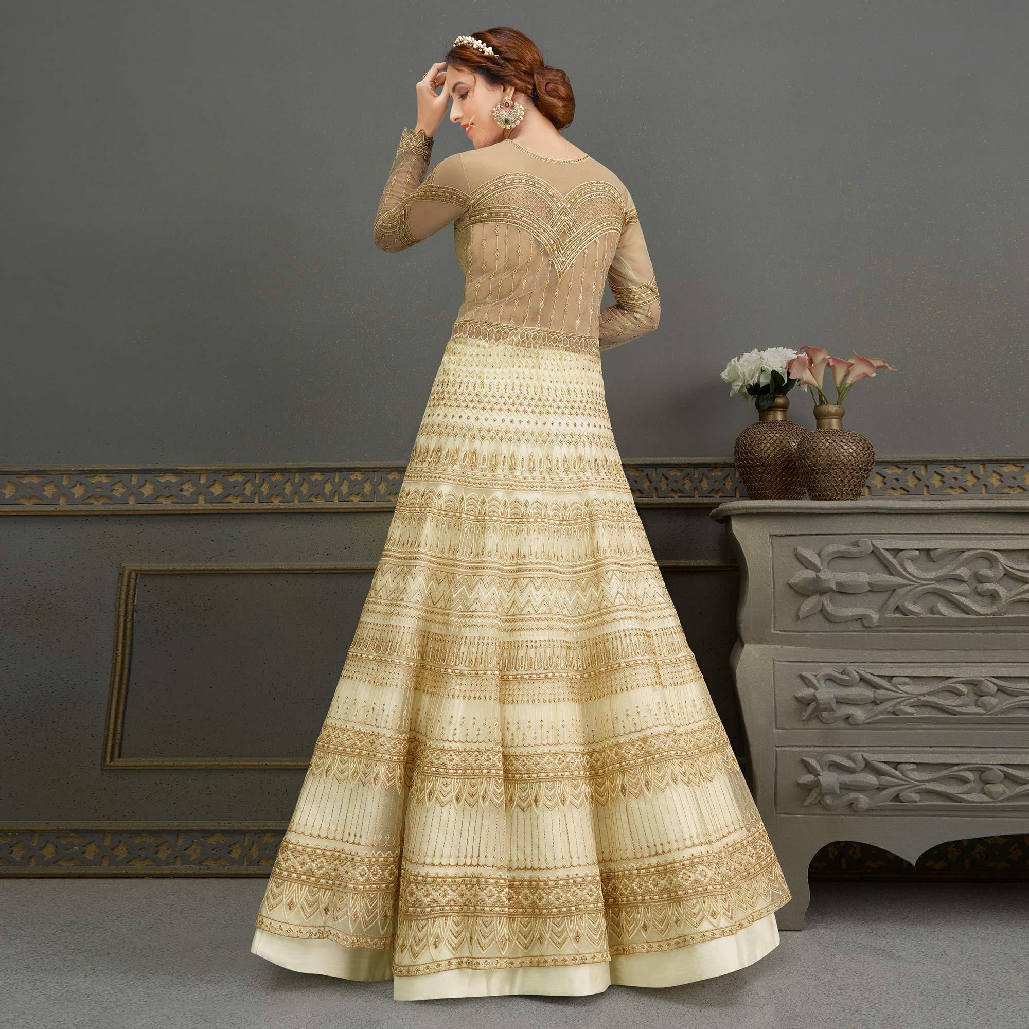Cream Embroidered With Handwork Soft Net Partywear Gown - Peachmode