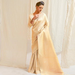 Cream Festive Wear Designer Woven Silk Saree - Peachmode