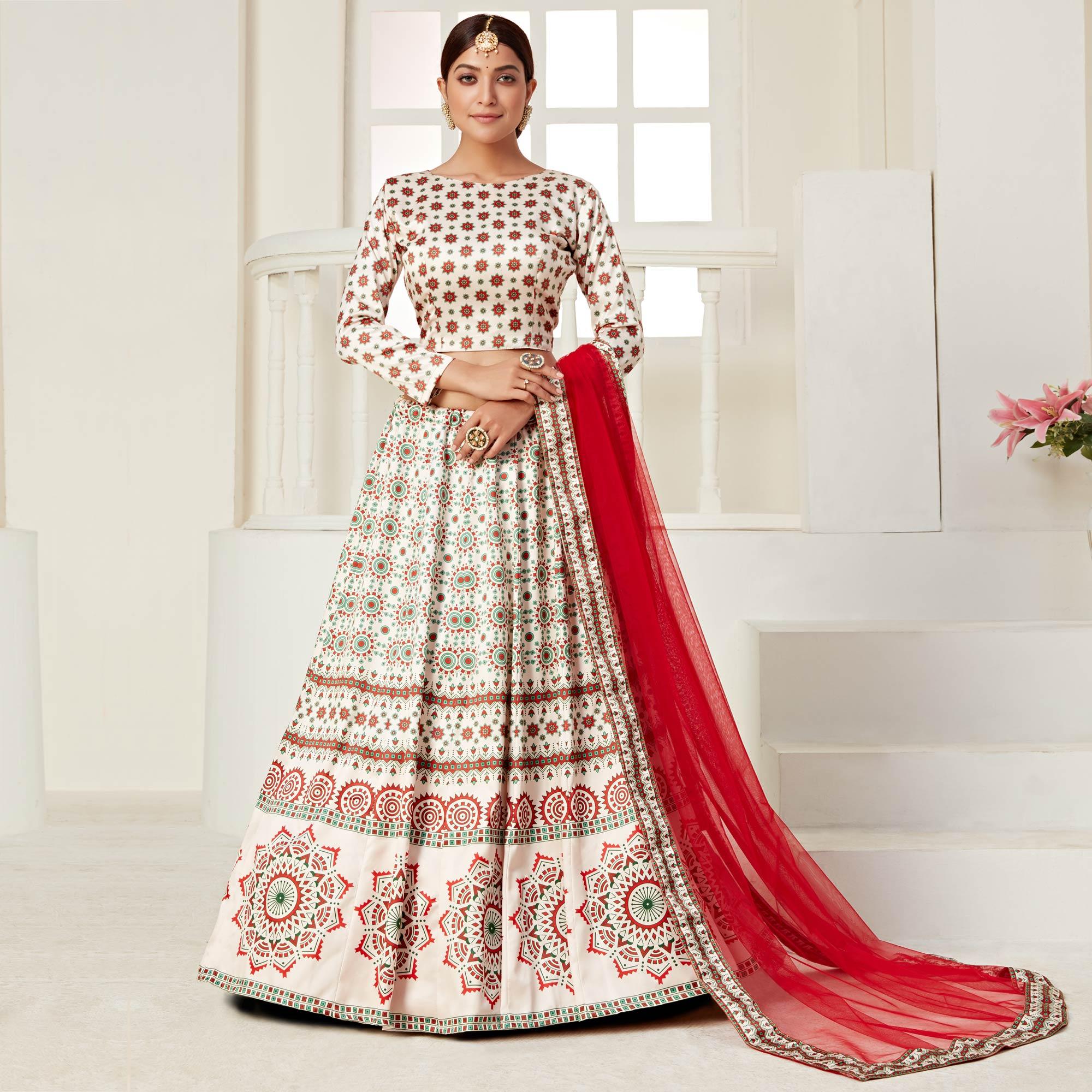 Cream Festive Wear Digital Printed Ajmeri Silk Lehenga Choli - Peachmode