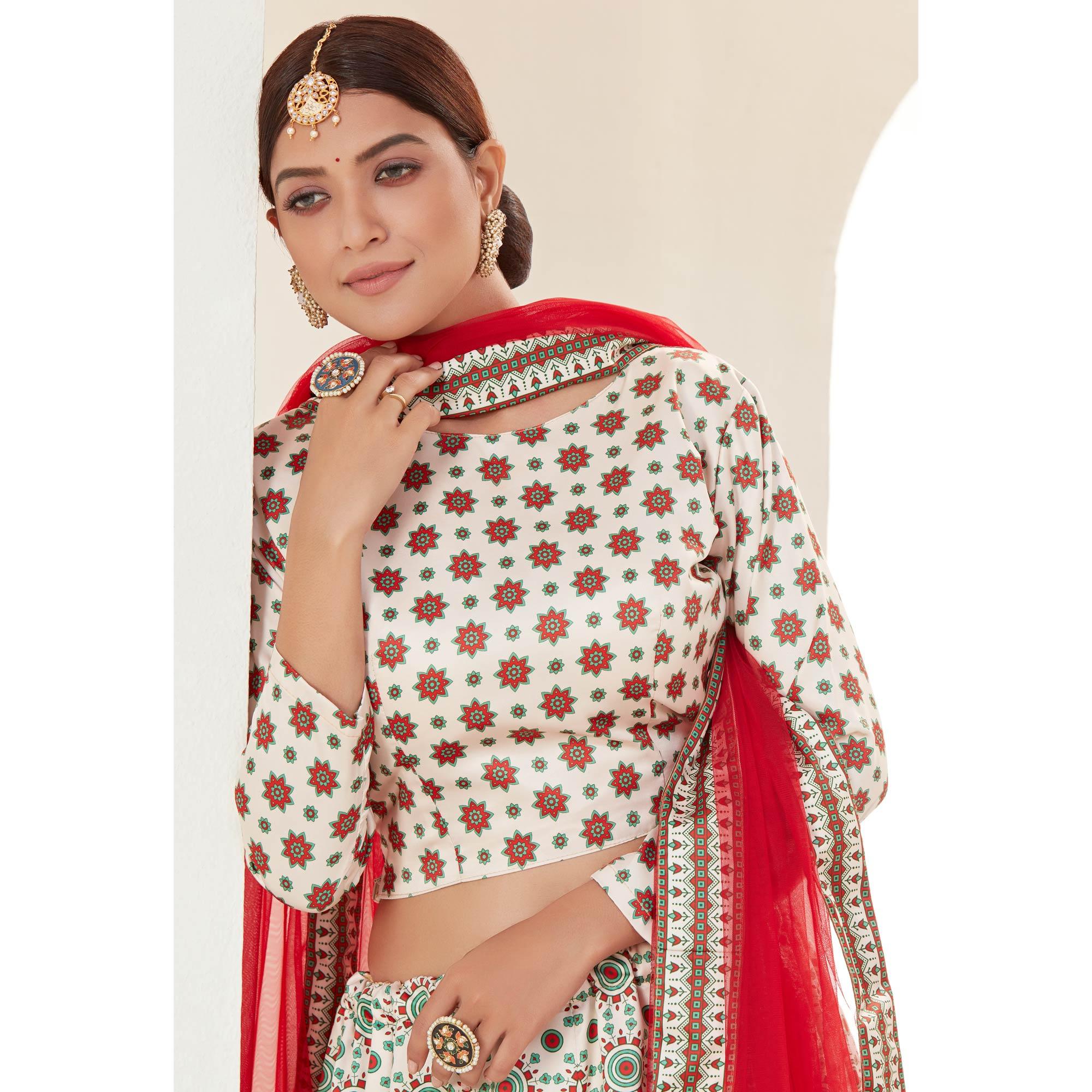 Cream Festive Wear Digital Printed Ajmeri Silk Lehenga Choli - Peachmode