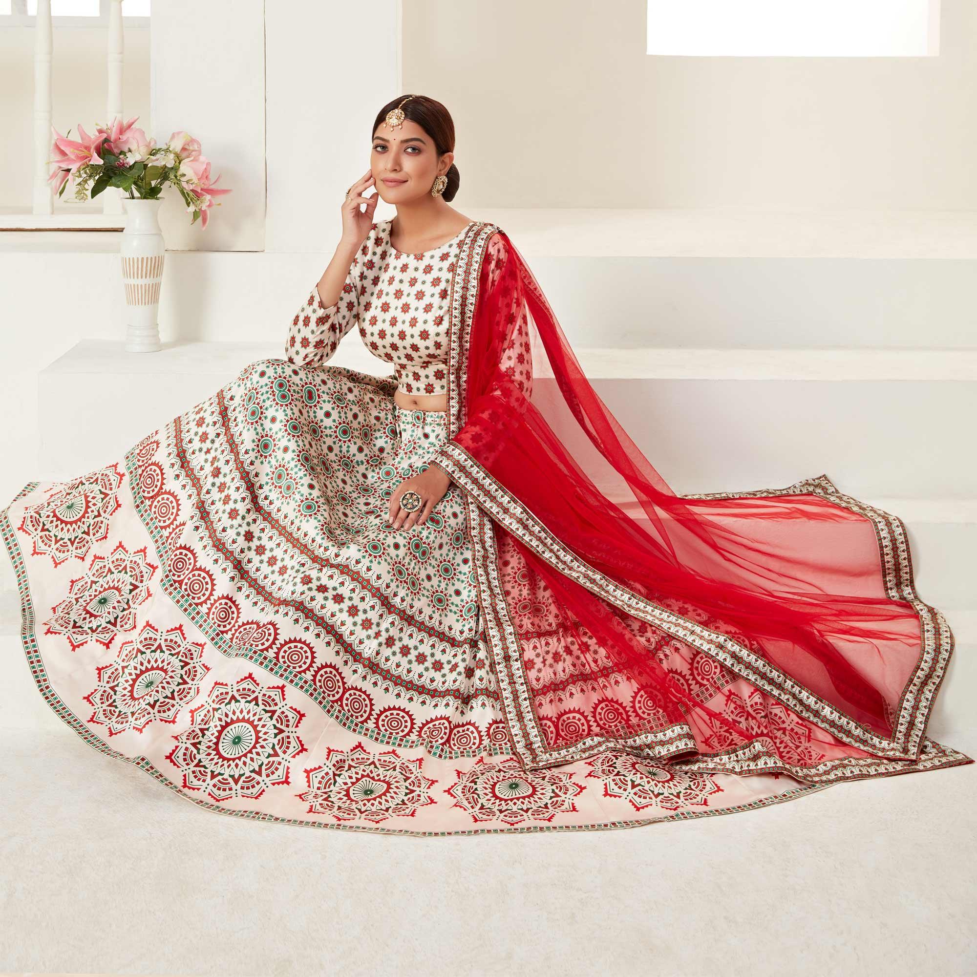Cream Festive Wear Digital Printed Ajmeri Silk Lehenga Choli - Peachmode