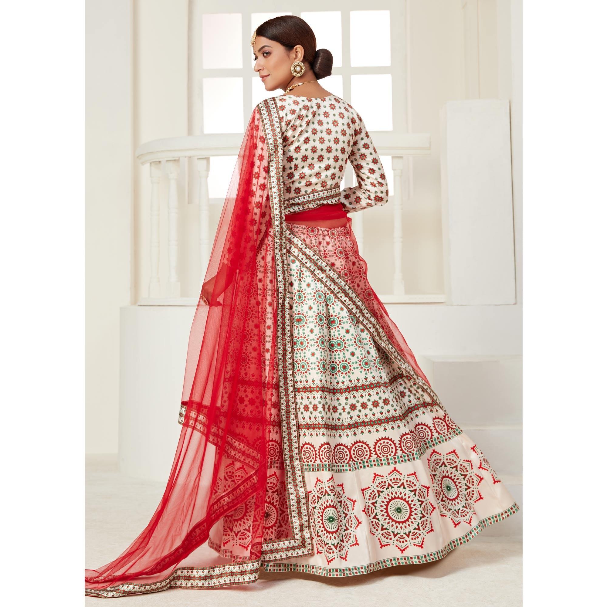 Cream Festive Wear Digital Printed Ajmeri Silk Lehenga Choli - Peachmode
