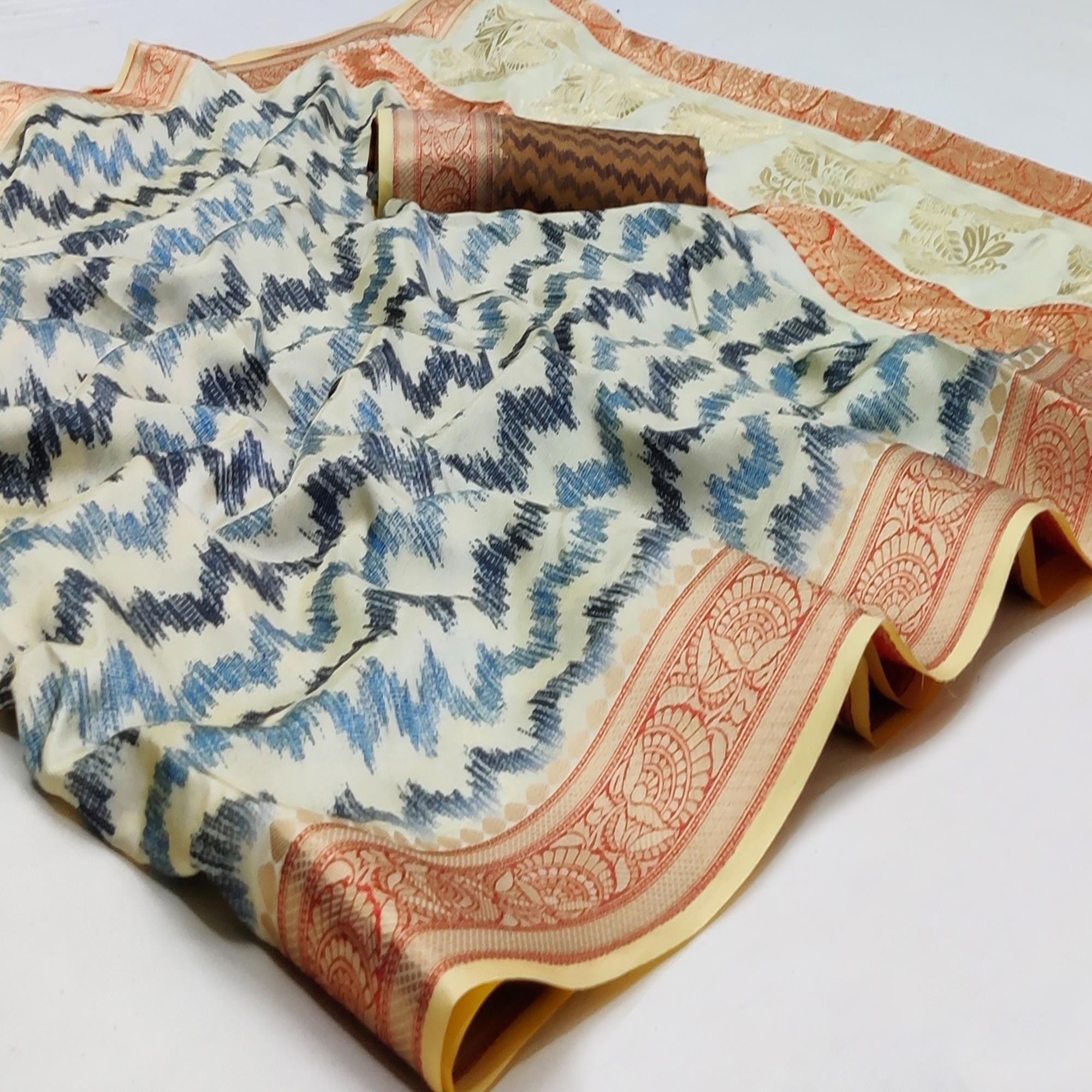Cream Festive Wear Digital Printed Soft Silk Saree With Jacquard Border - Peachmode