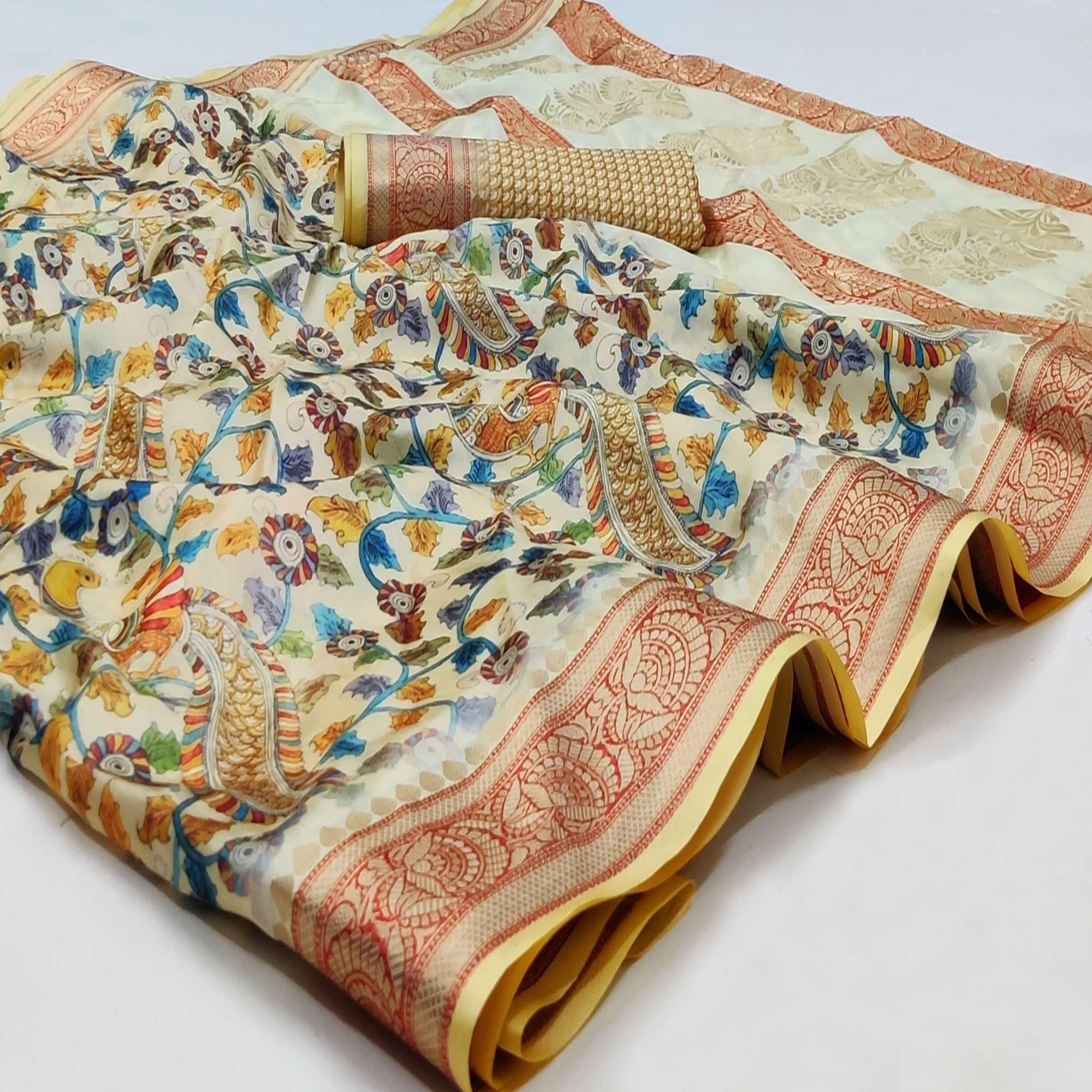 Cream Festive Wear Digital Printed Soft Silk Saree With Jacquard Border - Peachmode
