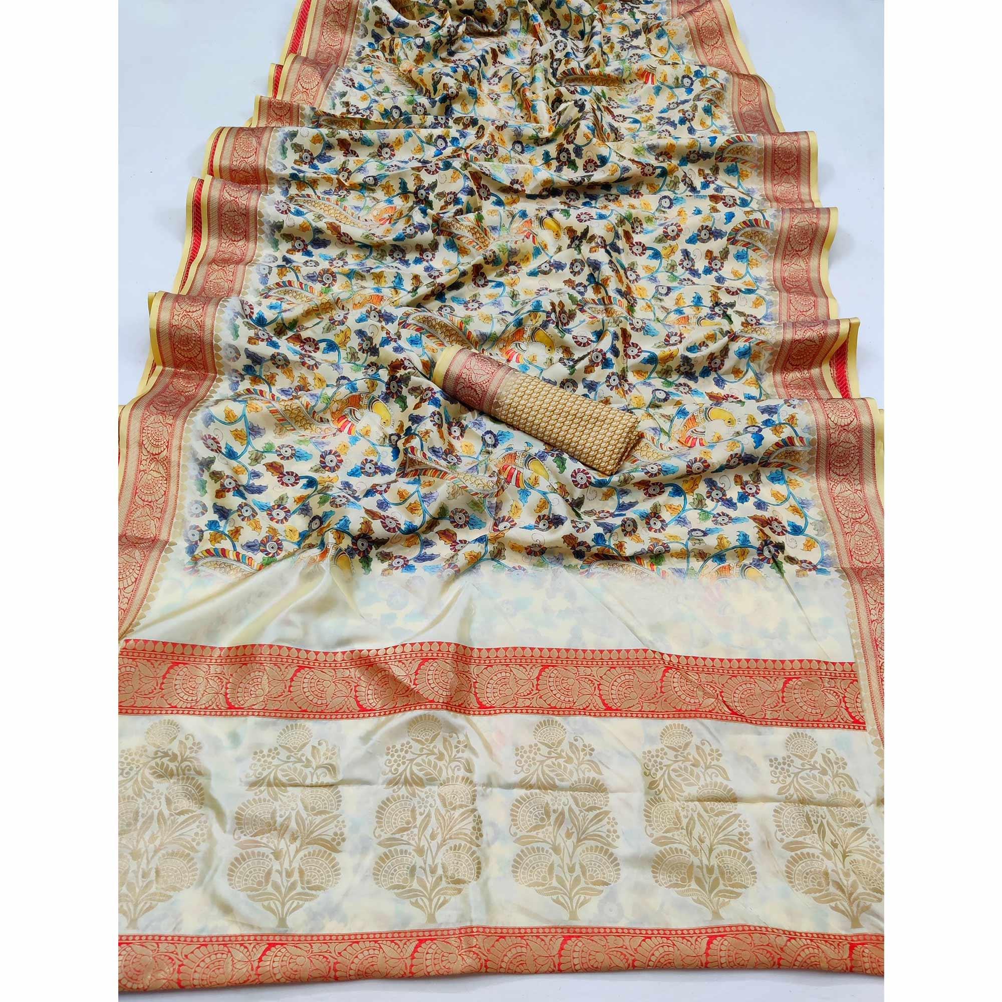 Cream Festive Wear Digital Printed Soft Silk Saree With Jacquard Border - Peachmode