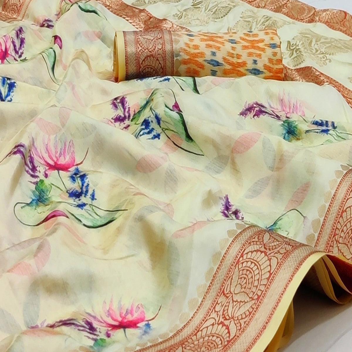 Cream Festive Wear Digital Printed Soft Silk Saree With Jacquard Border - Peachmode