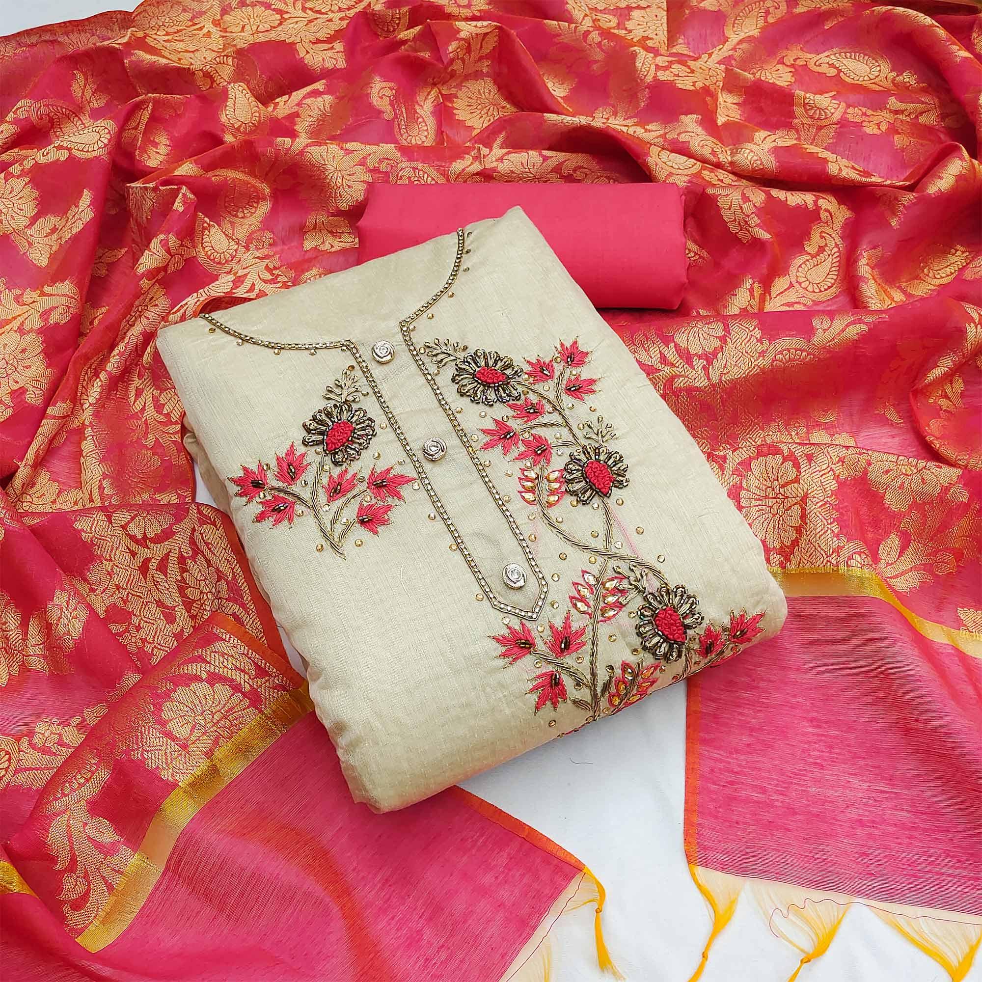 Cream Festive Wear Embellished Chanderi Dress Material - Peachmode