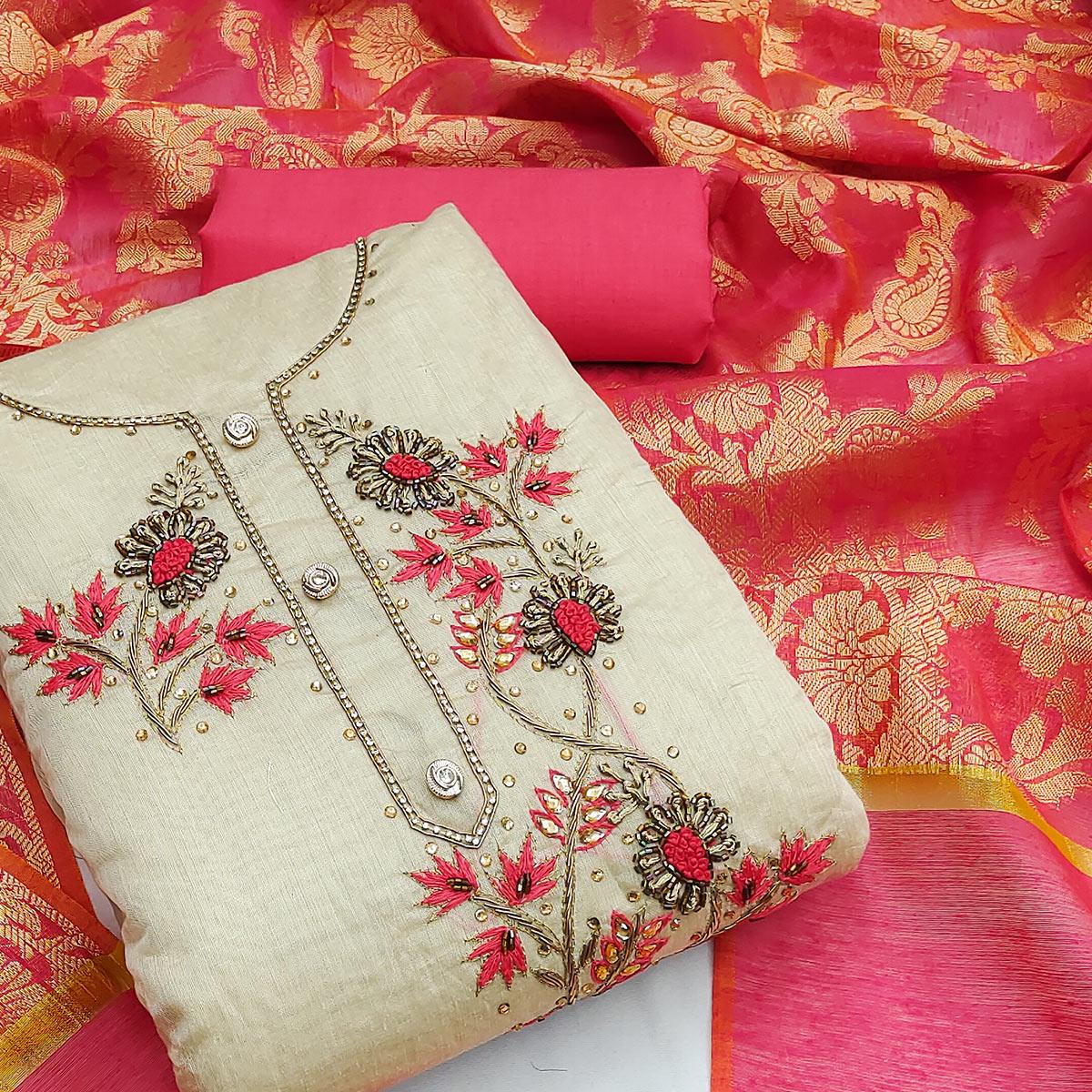Cream Festive Wear Embellished Chanderi Dress Material - Peachmode