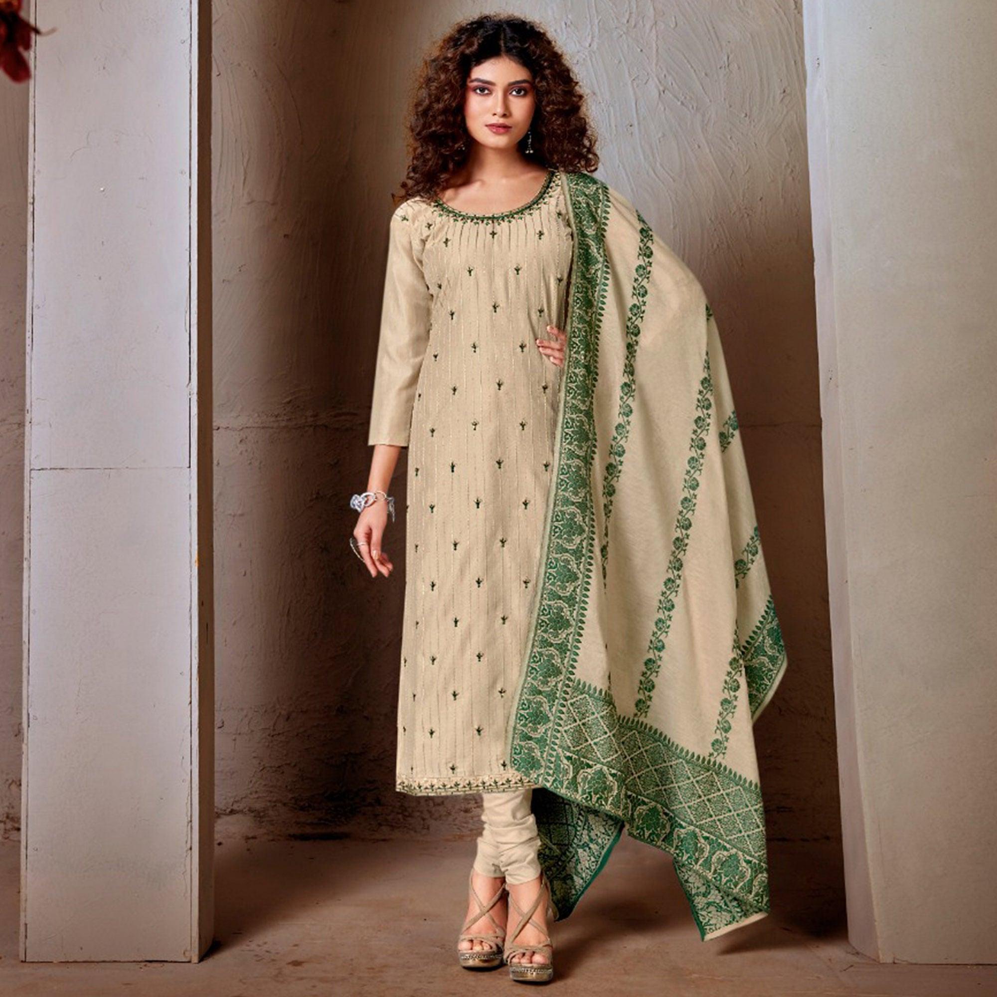 Cream Festive Wear Embroidered Chanderi Suit - Peachmode