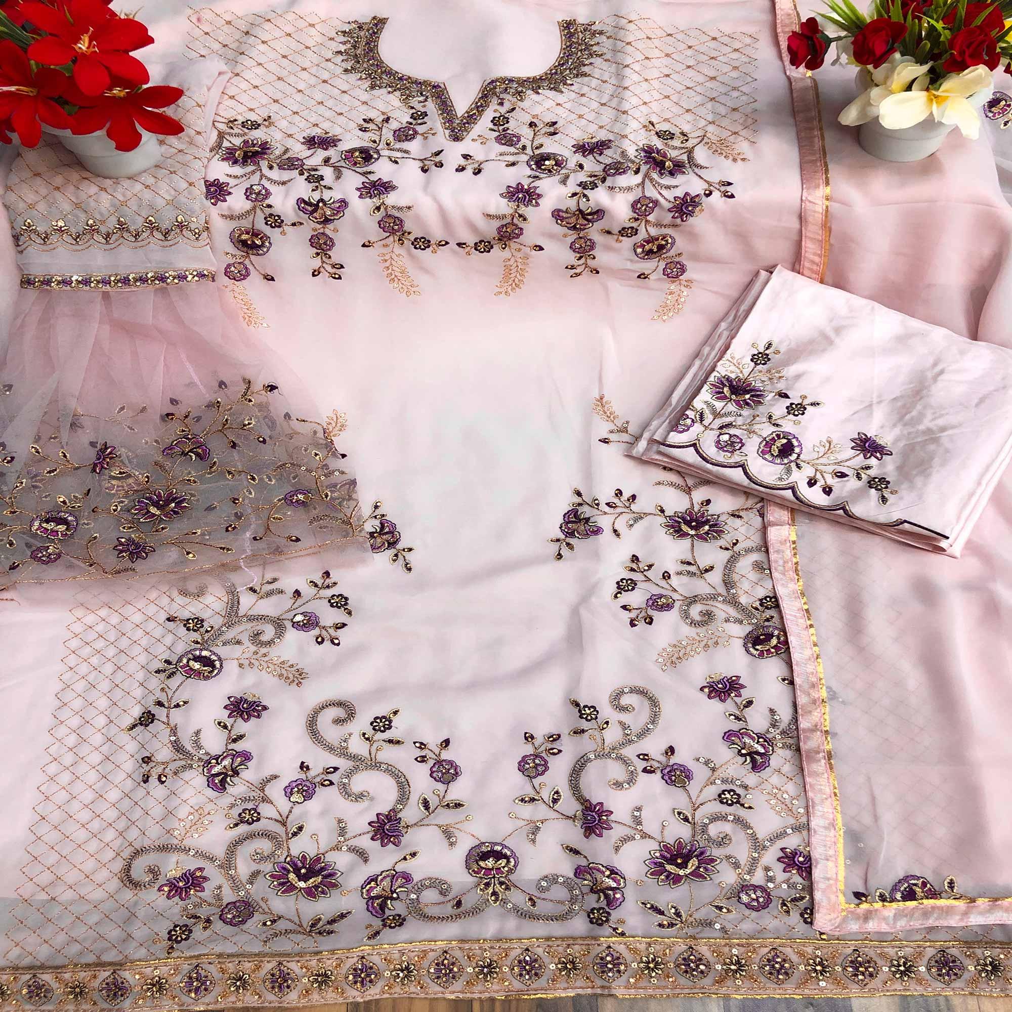 Cream Festive Wear Embroidered Faux Georgette Straight Style Palazzo Suit - Peachmode