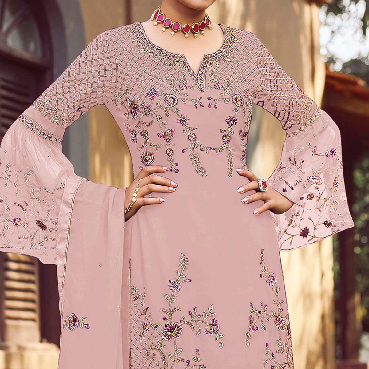 Cream Festive Wear Embroidered Faux Georgette Straight Style Palazzo Suit - Peachmode