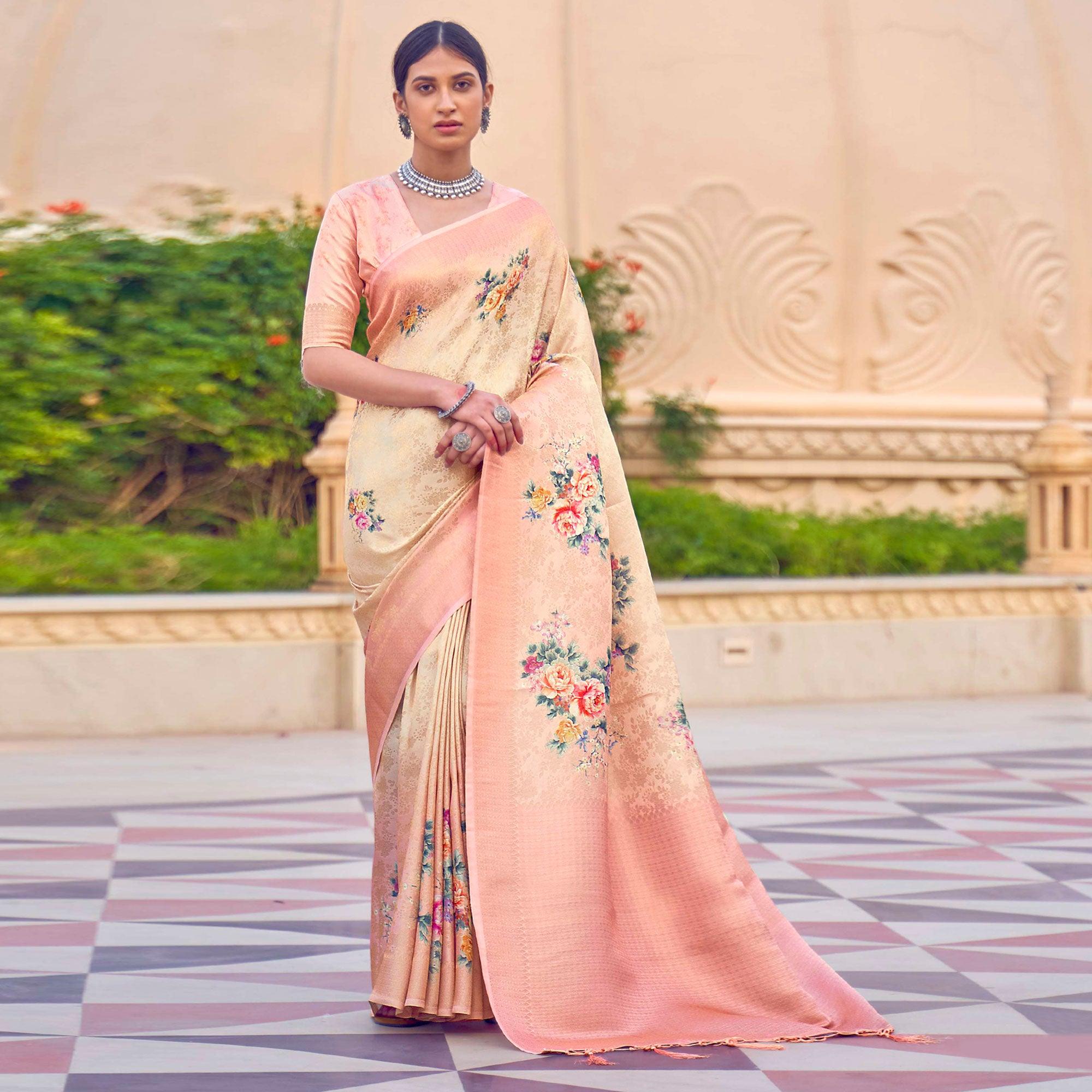 Cream Festive Wear Floral Digital Printed Jacquard Saree - Peachmode