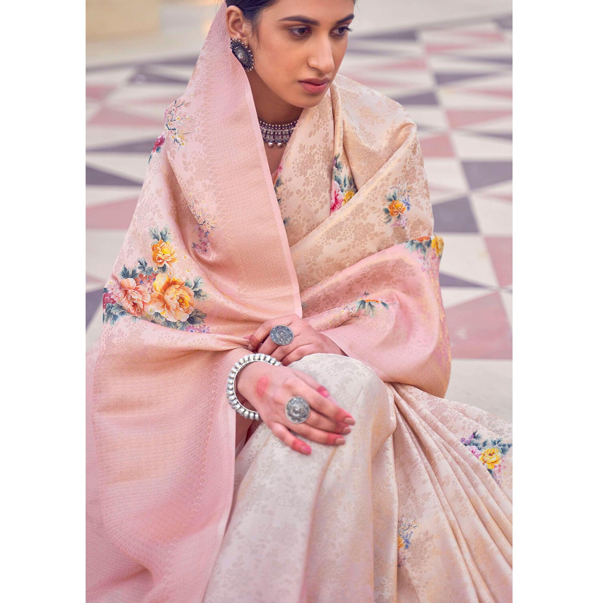 Cream Festive Wear Floral Digital Printed Jacquard Saree - Peachmode