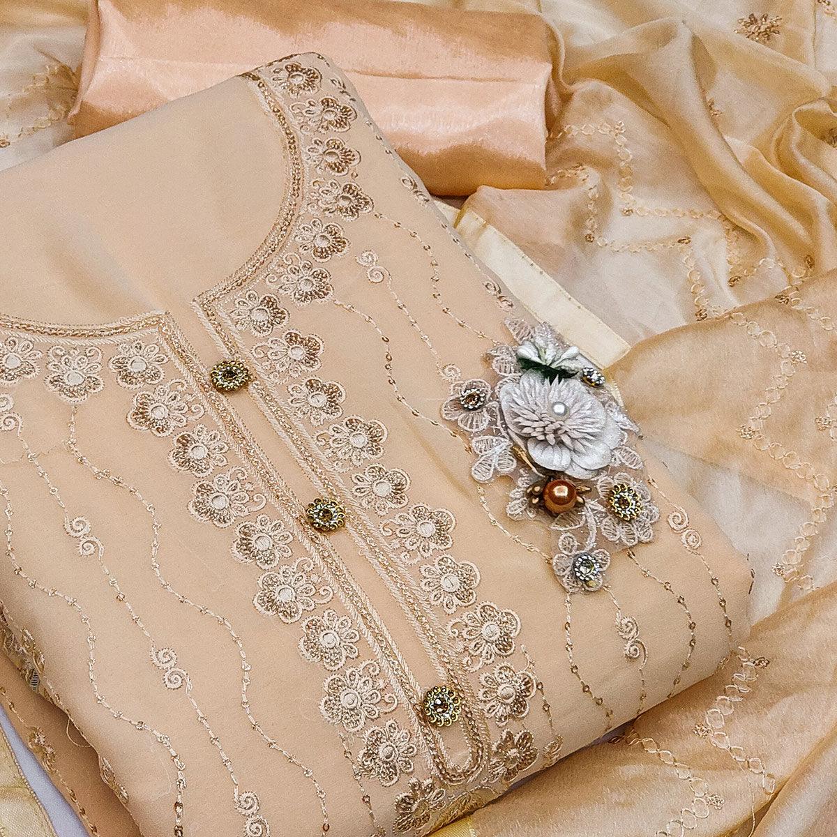Cream Festive Wear Floral Embroidered Georgette Dress Material - Peachmode