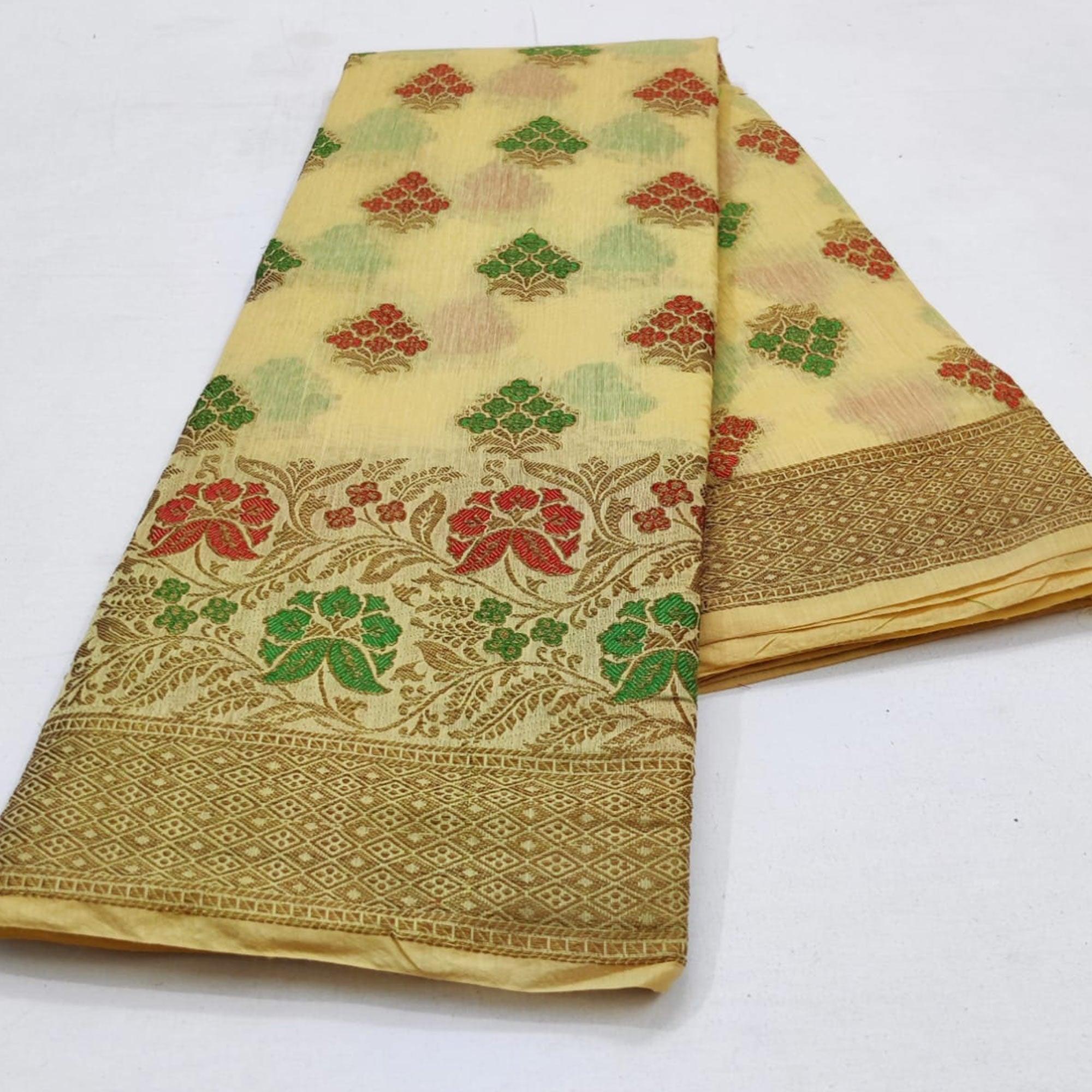 Cream Festive Wear Floral Woven Cotton Saree With Meena Butta Pallu - Peachmode