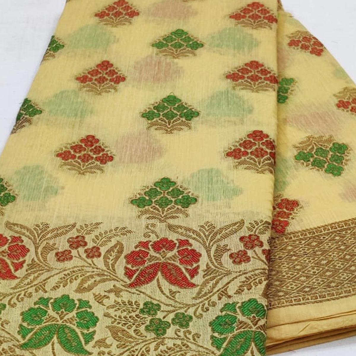 Cream Festive Wear Floral Woven Cotton Saree With Meena Butta Pallu - Peachmode