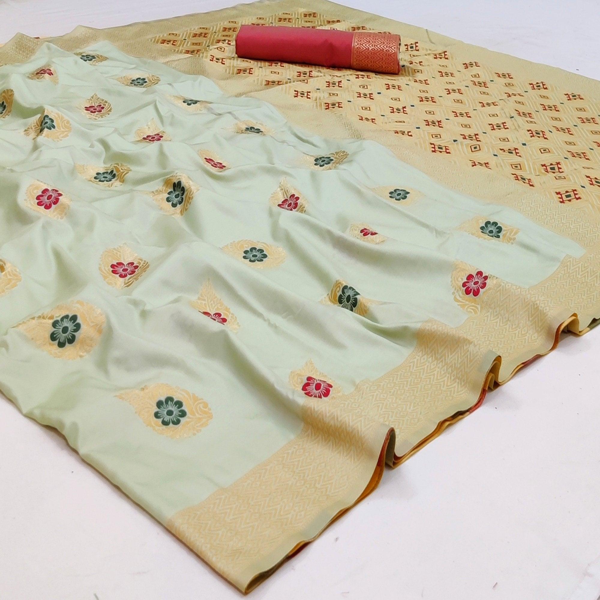 Cream Festive Wear Floral Woven Soft Silk Banarasi Saree - Peachmode