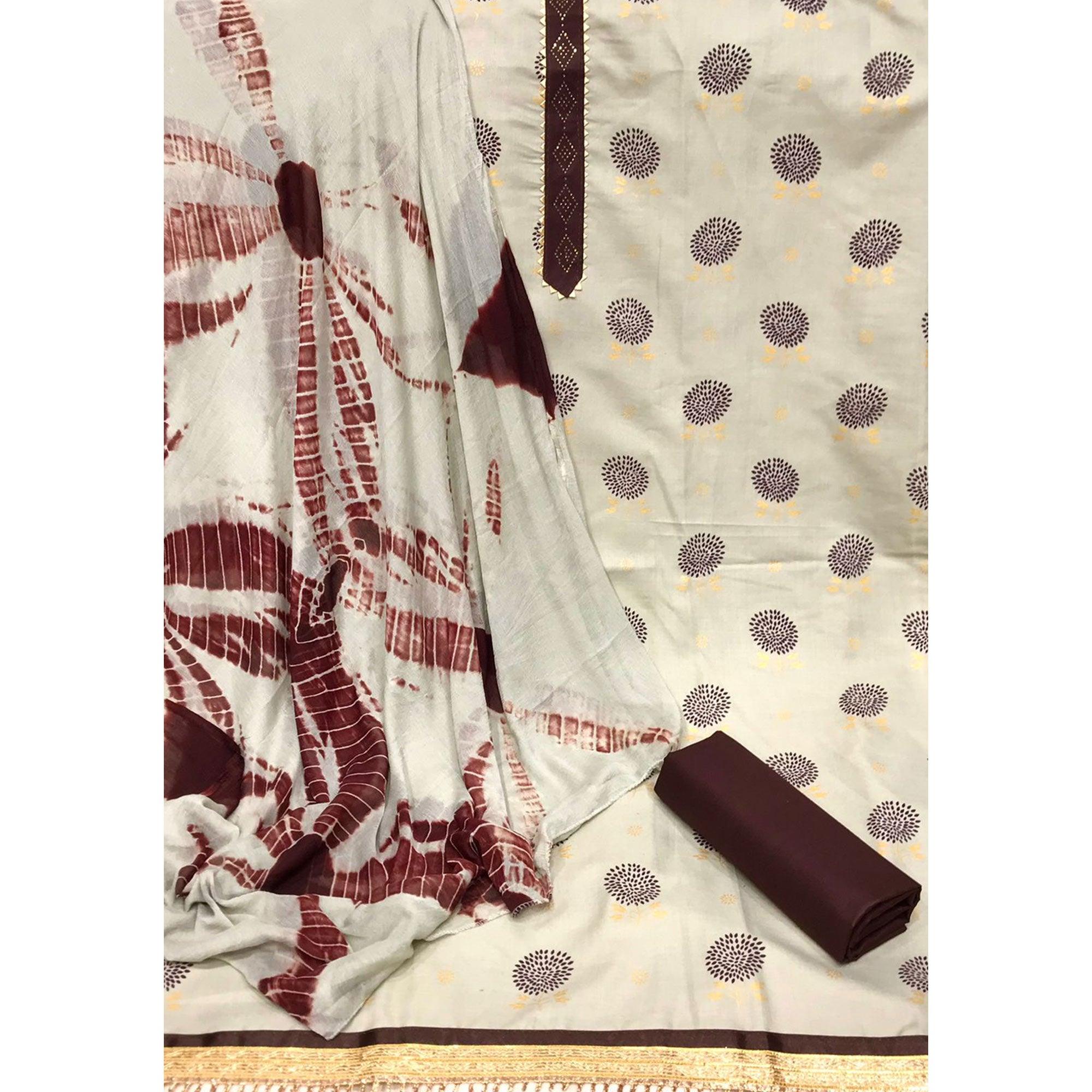 Cream Festive Wear Foil Printed & Embellished Cotton Dress Material - Peachmode