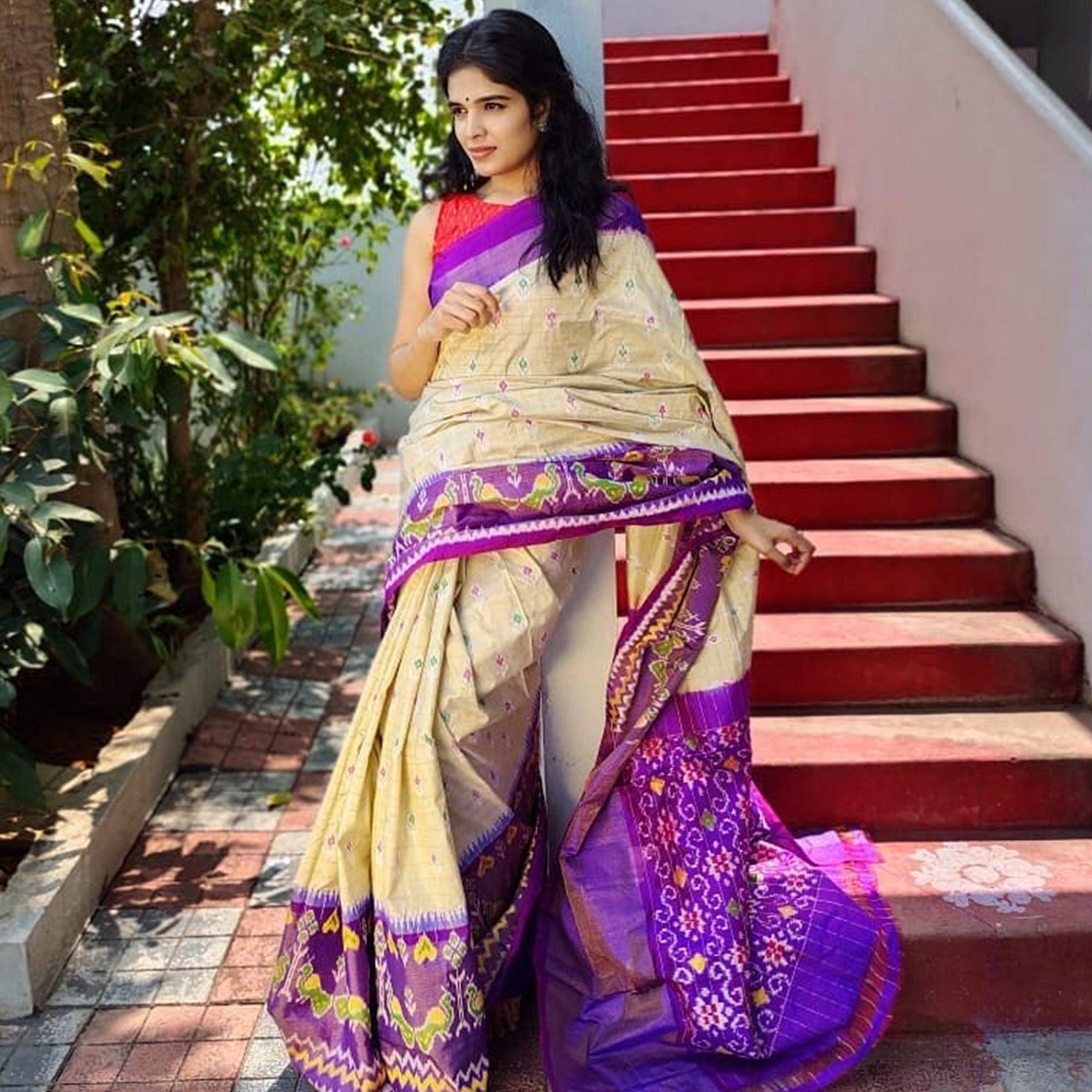Cream Festive Wear Hand Block Printed Cotton Linen Saree - Peachmode