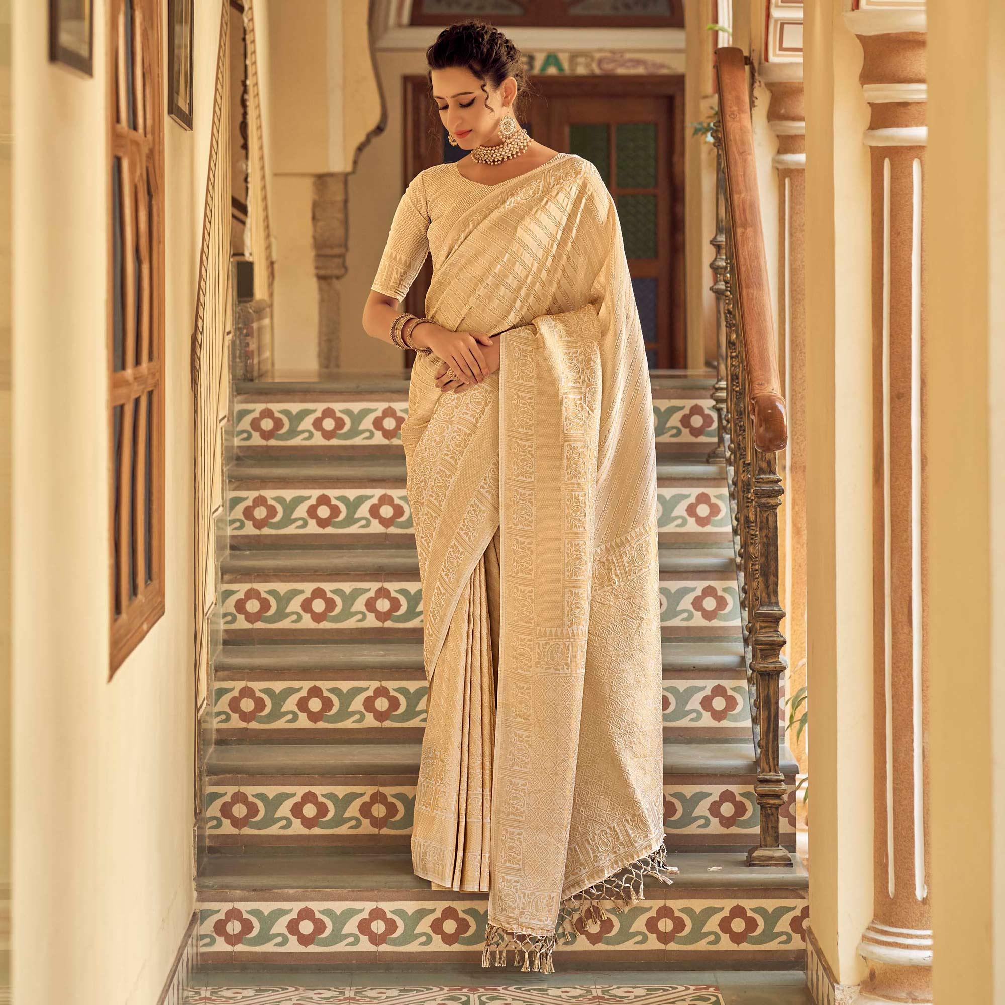 Cream Festive Wear Kanjivaram Blended Silk Saree With Tassels - Peachmode