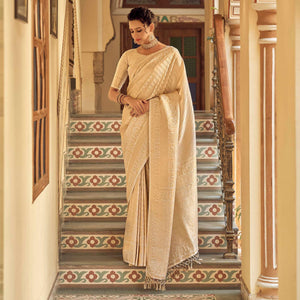 Cream Festive Wear Kanjivaram Blended Silk Saree With Tassels - Peachmode