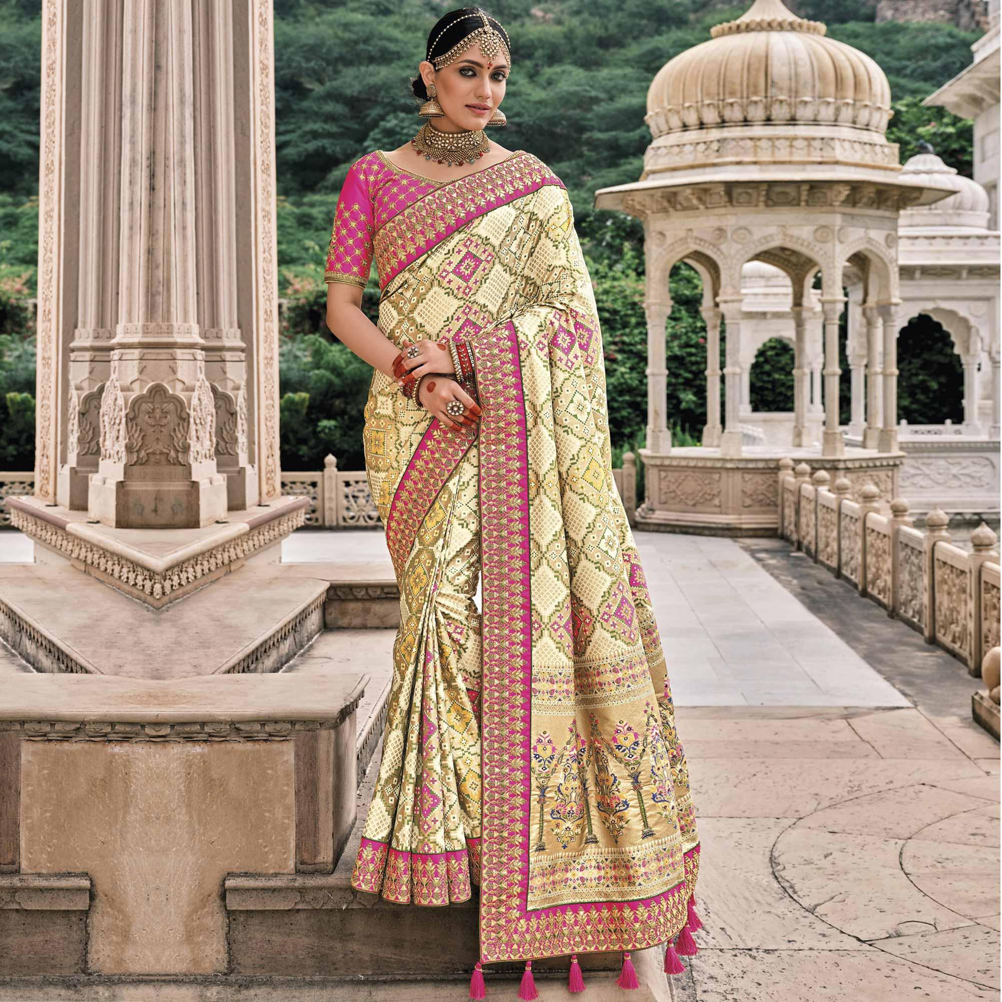 Cream Festive Wear Plain & Hand Work Pure Silk Saree - Peachmode