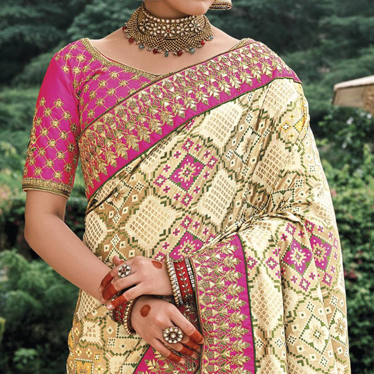 Cream Festive Wear Plain & Hand Work Pure Silk Saree - Peachmode
