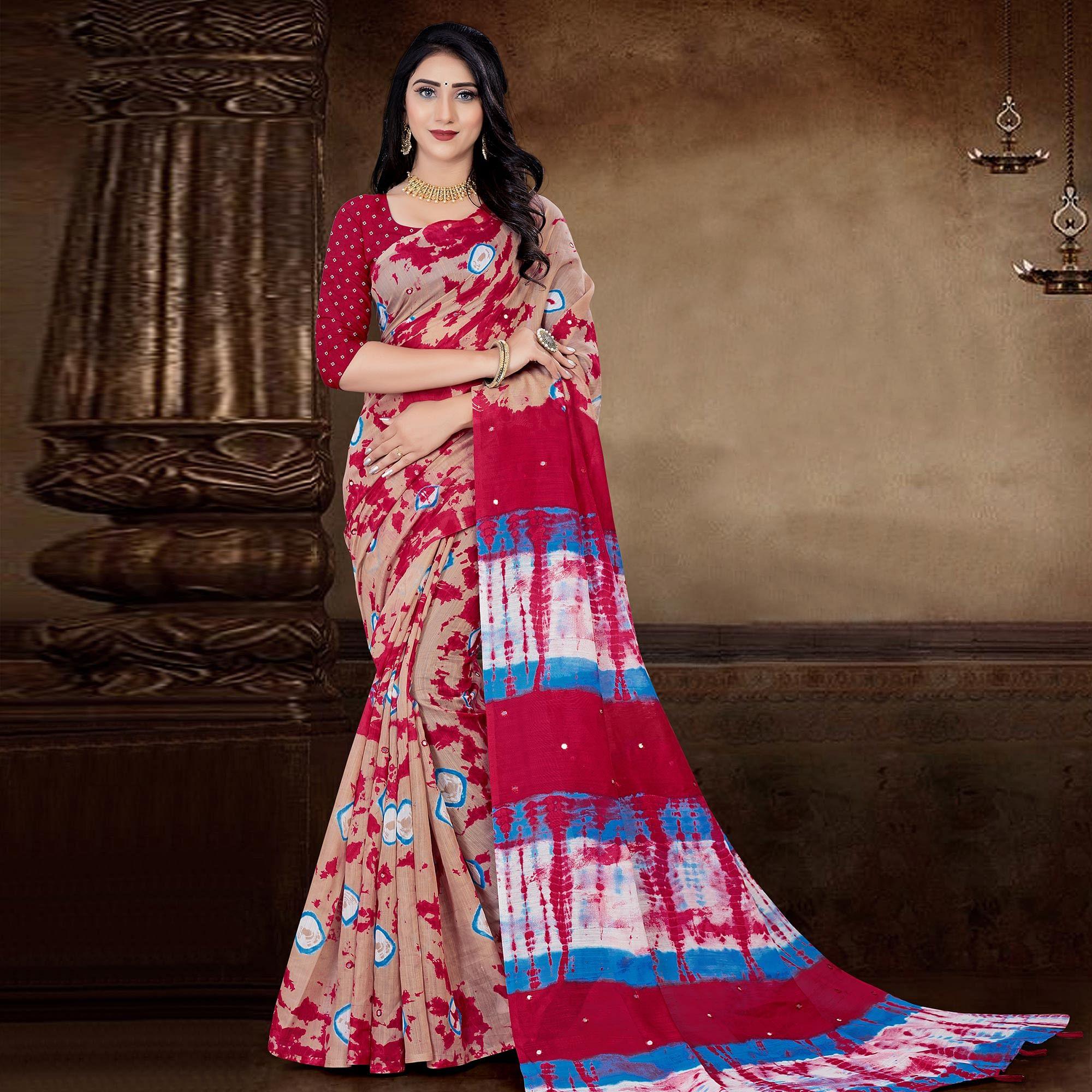 Cream Festive Wear Print With Mirror Work Cotton Silk Saree - Peachmode