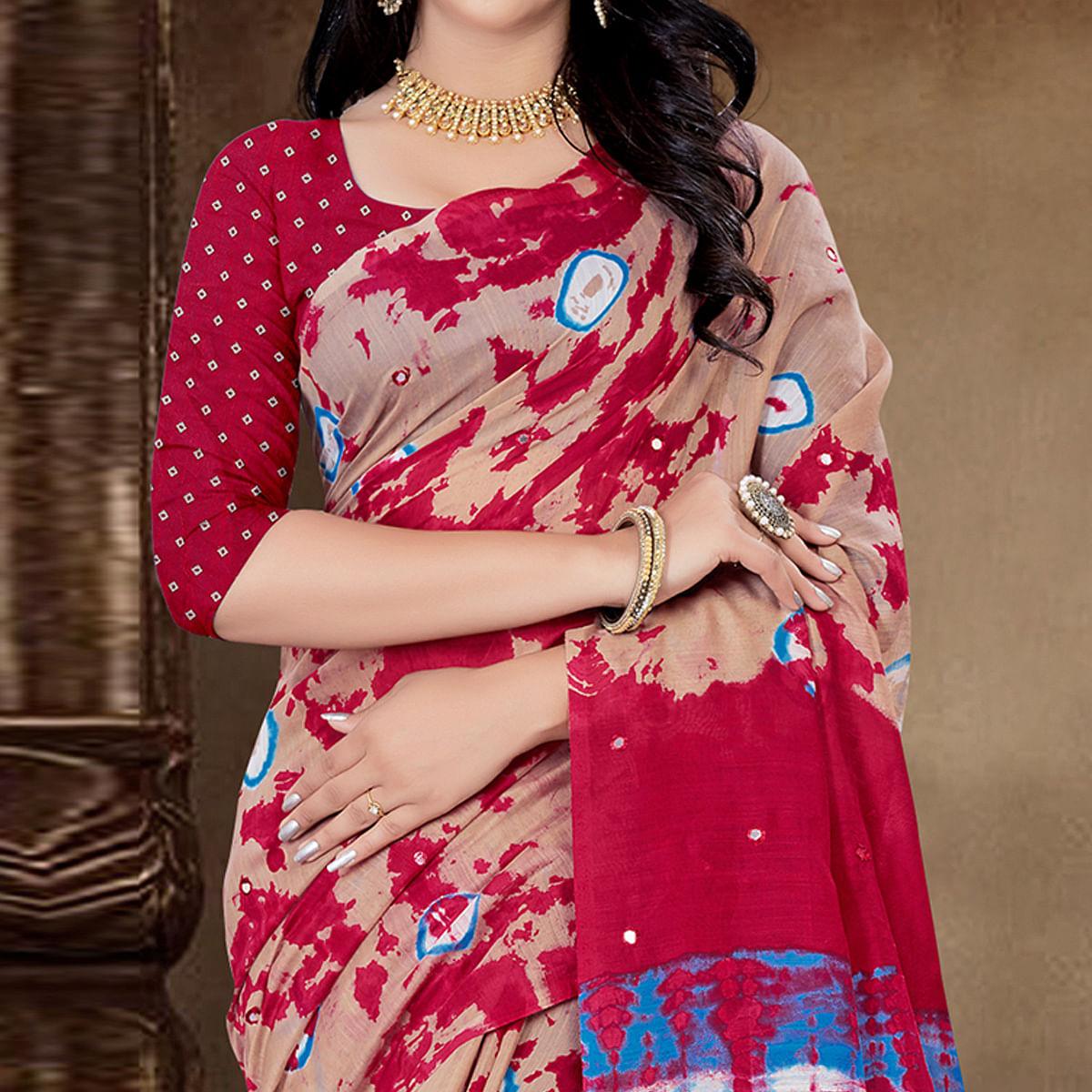 Cream Festive Wear Print With Mirror Work Cotton Silk Saree - Peachmode