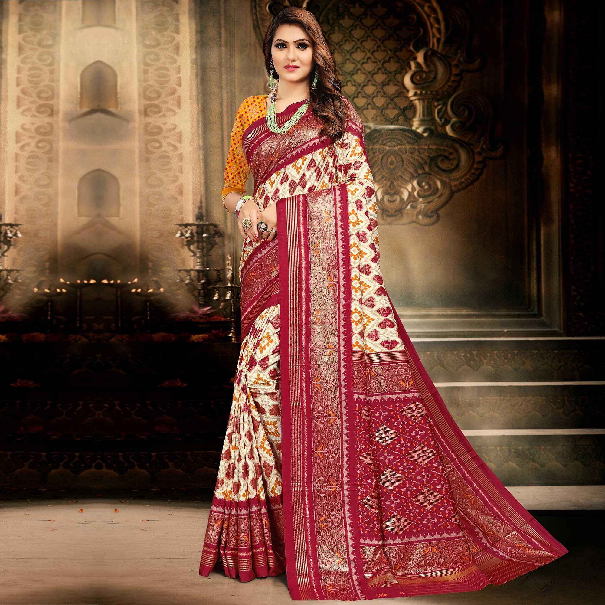 Cream Festive Wear Printed Bhagalpuri Silk Saree - Peachmode
