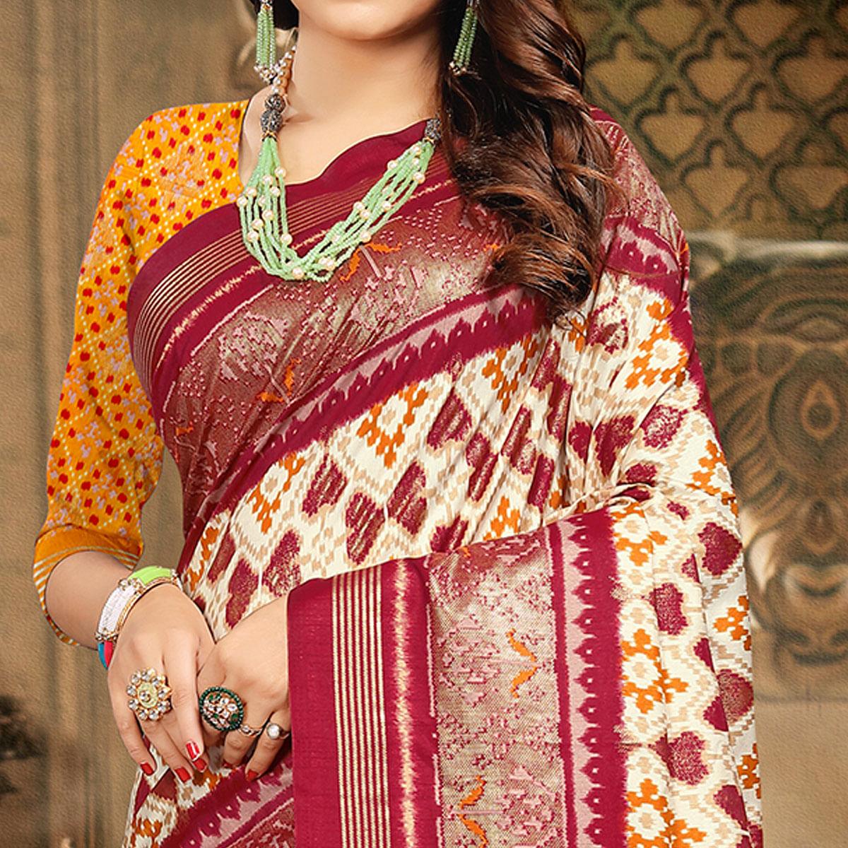 Cream Festive Wear Printed Bhagalpuri Silk Saree - Peachmode
