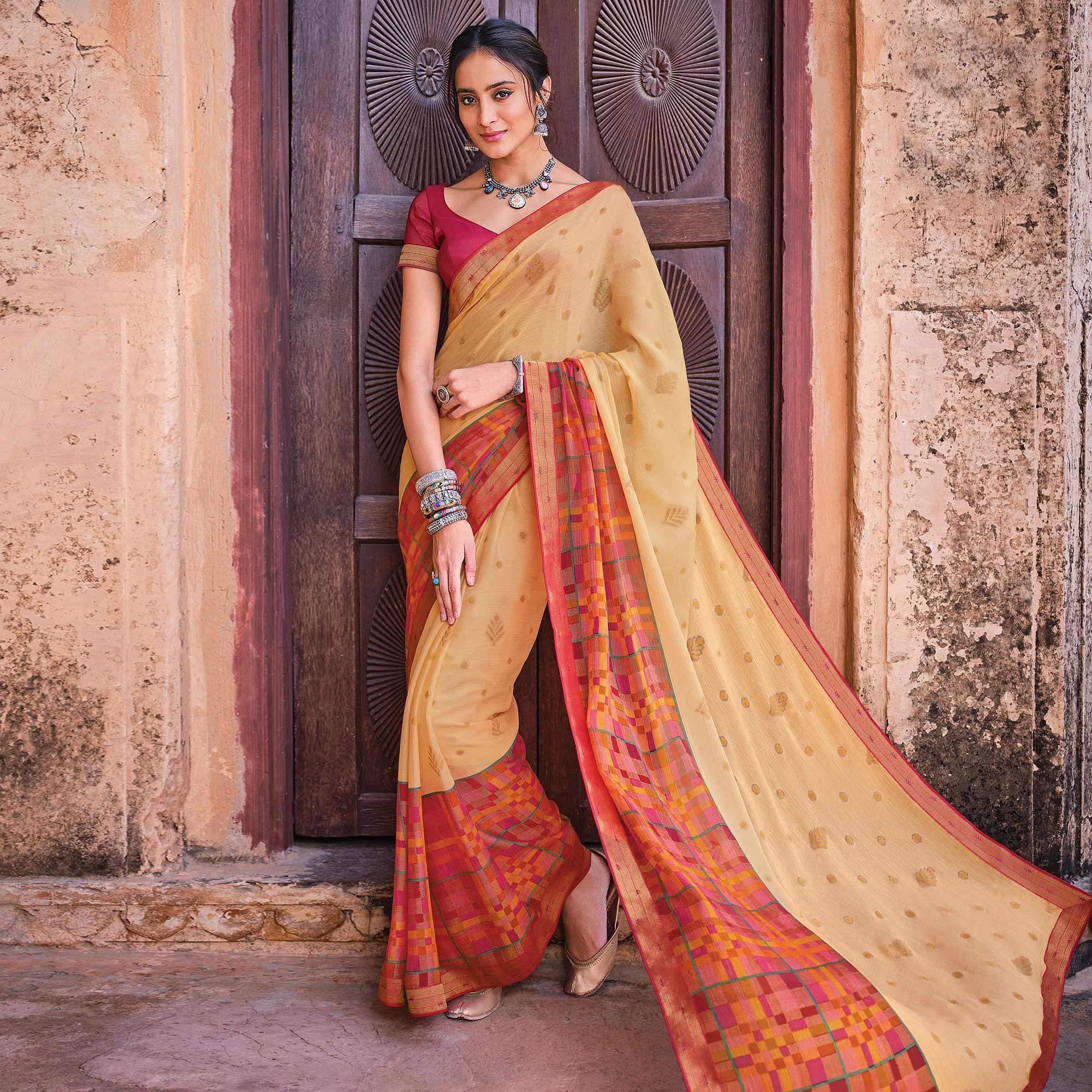 Cream Festive Wear Printed Brasso Saree - Peachmode