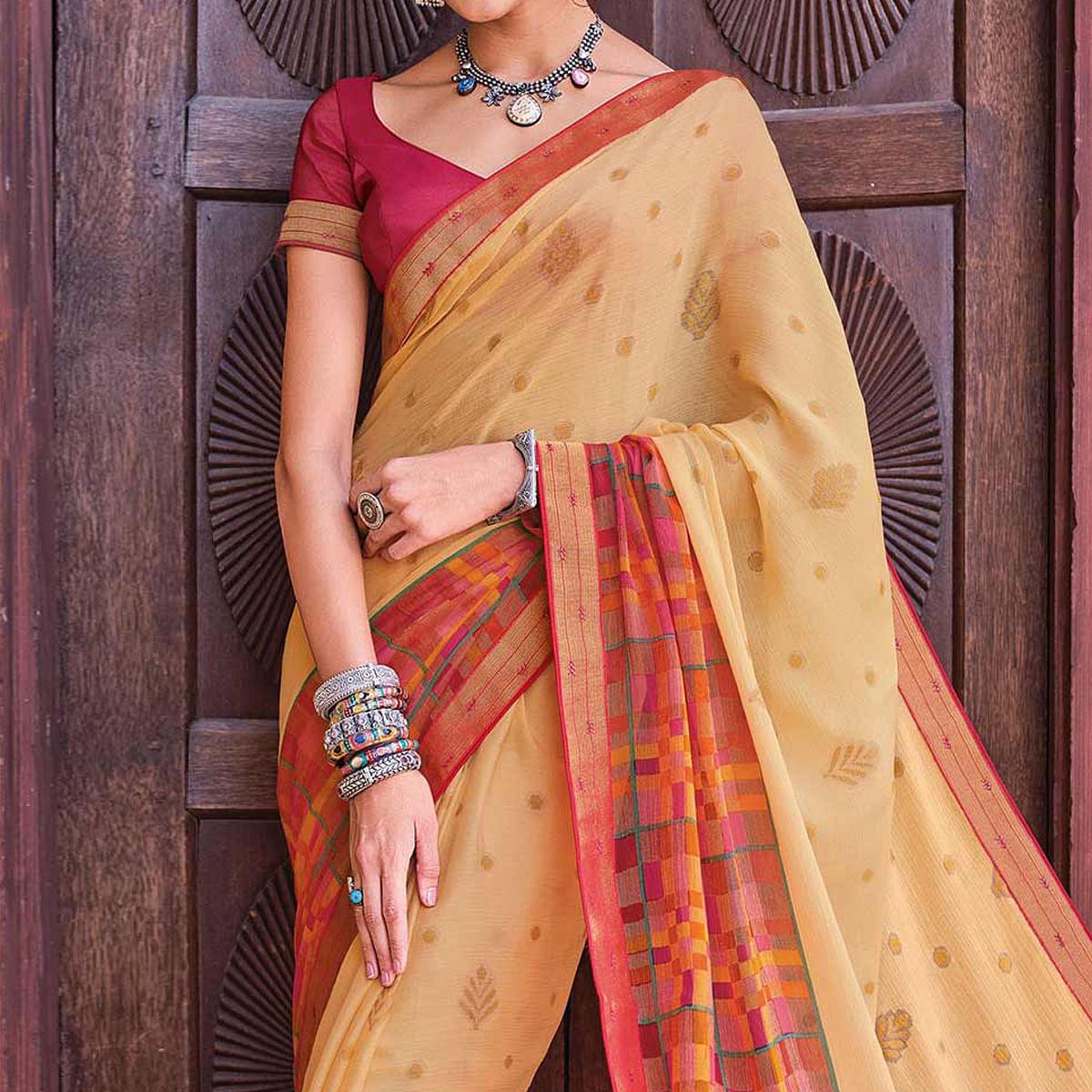 Cream Festive Wear Printed Brasso Saree - Peachmode