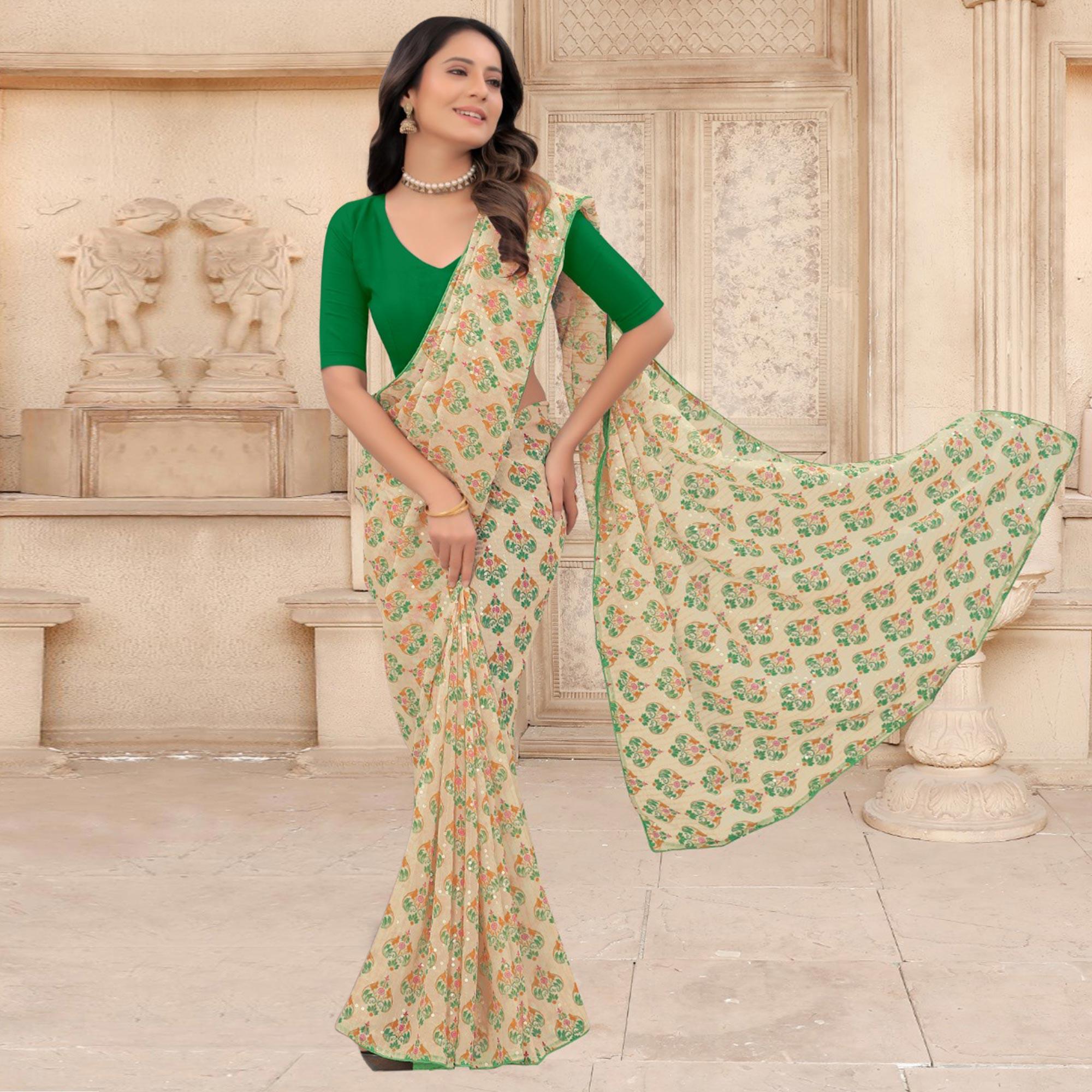 Cream Festive Wear Printed With Sequence Georgette Saree - Peachmode