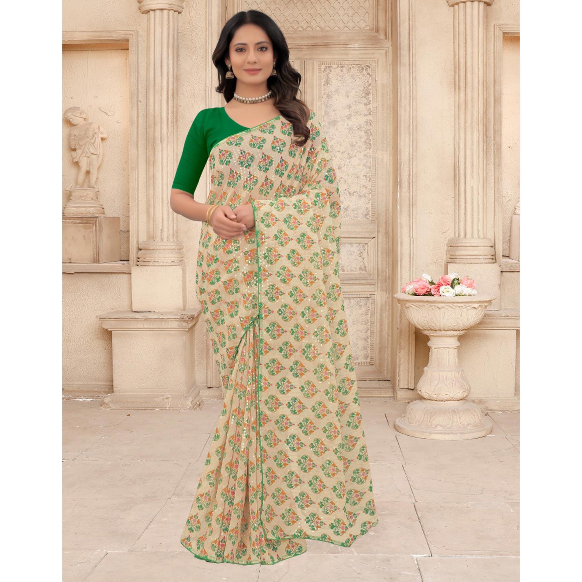 Cream Festive Wear Printed With Sequence Georgette Saree - Peachmode