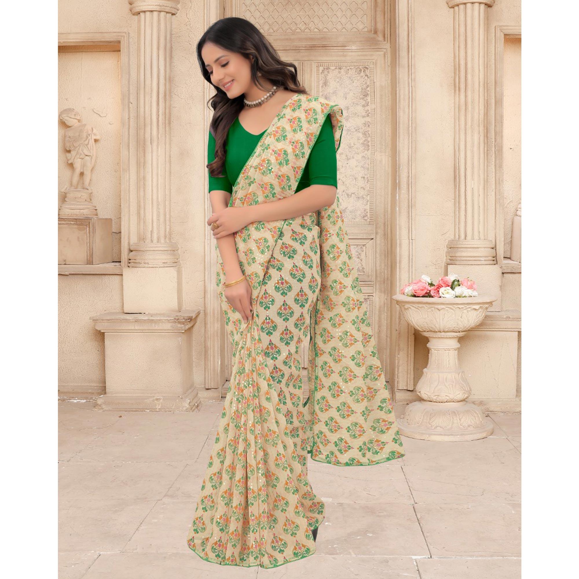 Cream Festive Wear Printed With Sequence Georgette Saree - Peachmode