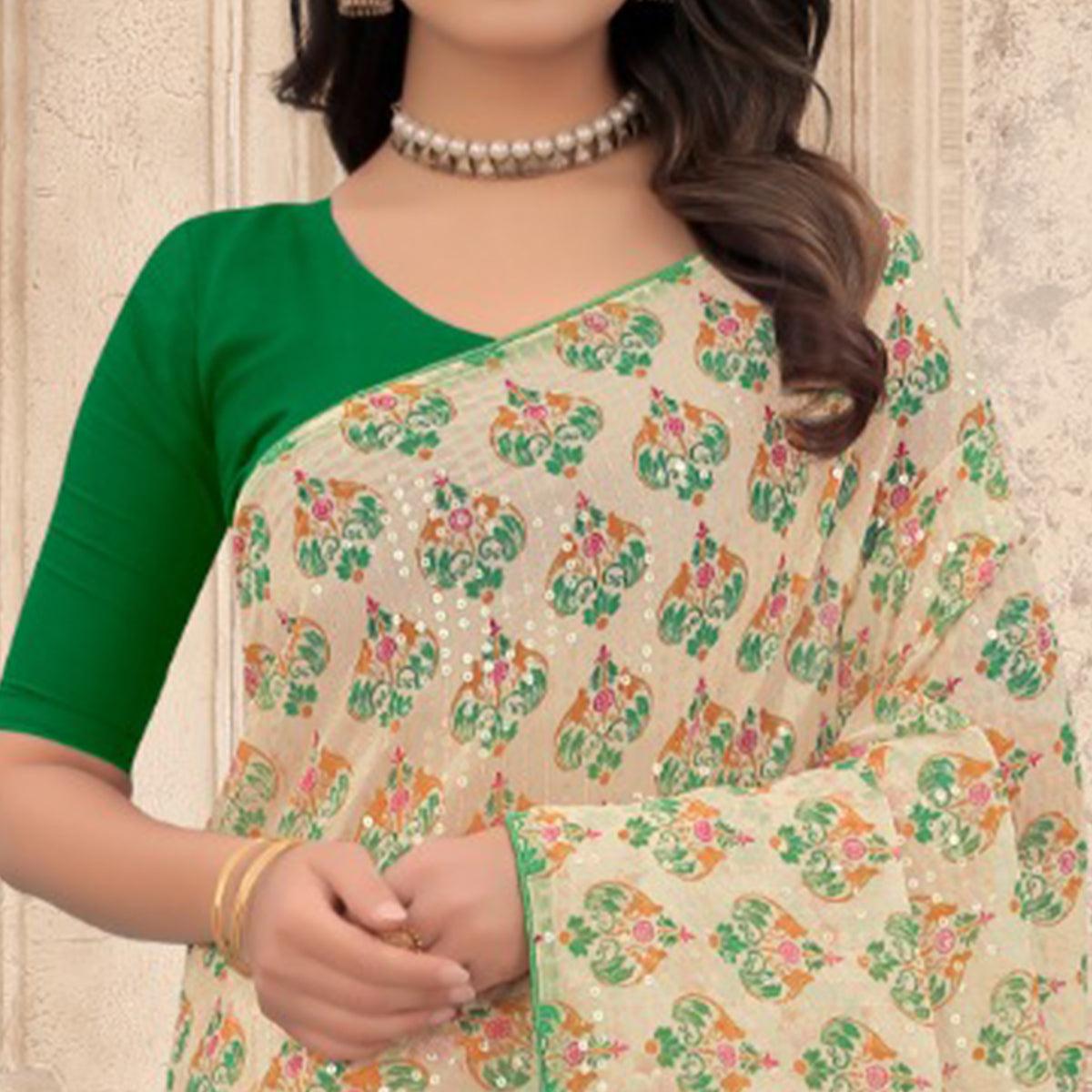 Cream Festive Wear Printed With Sequence Georgette Saree - Peachmode