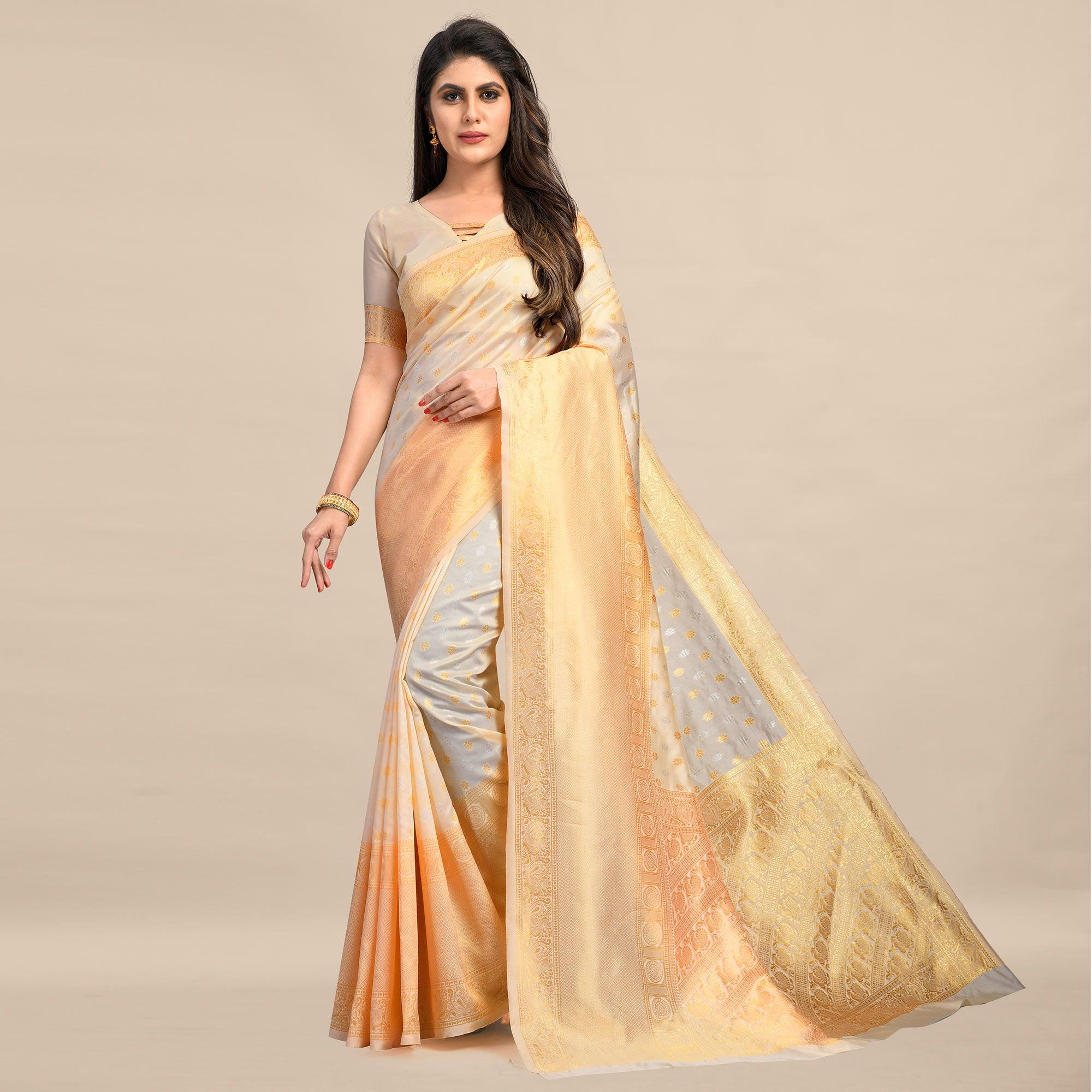 Cream Festive Wear Rich Woven Border Soft Banarasi Silk Saree - Peachmode