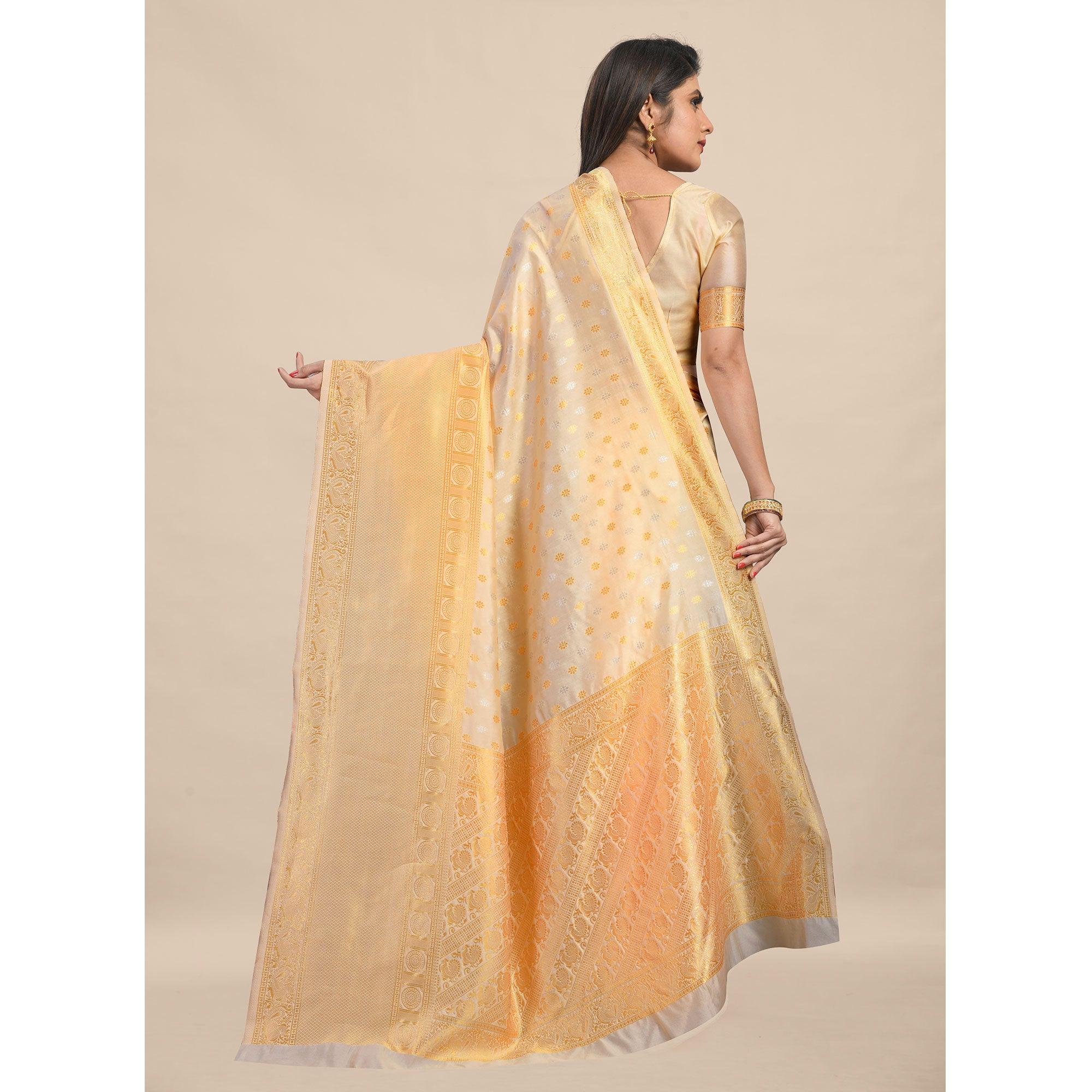 Cream Festive Wear Rich Woven Border Soft Banarasi Silk Saree - Peachmode